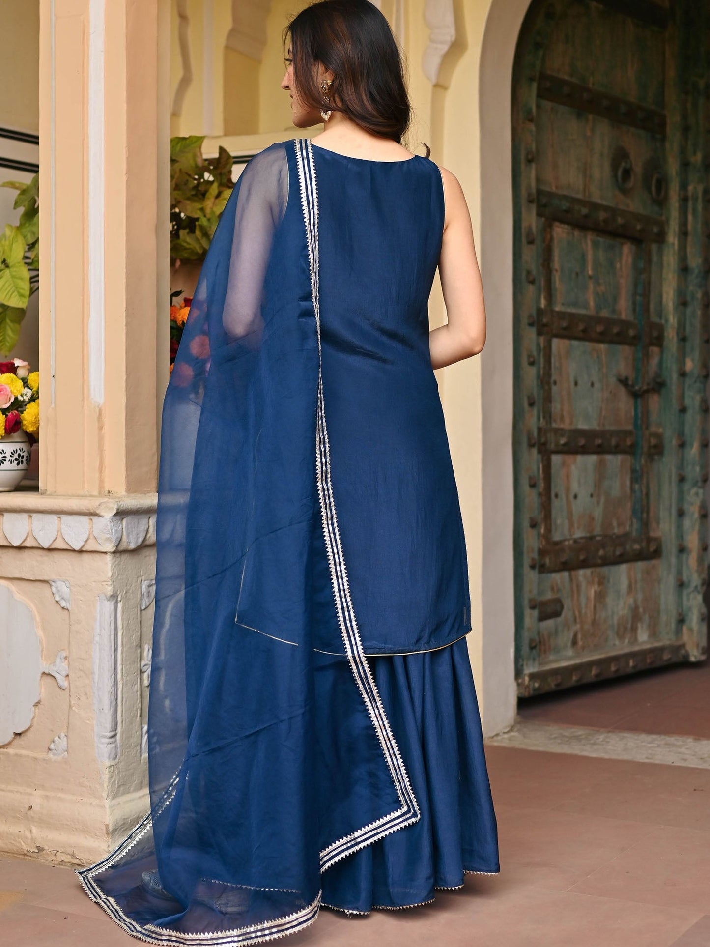 NAVY BLUE SILK KURTA AND SHARARA SET
