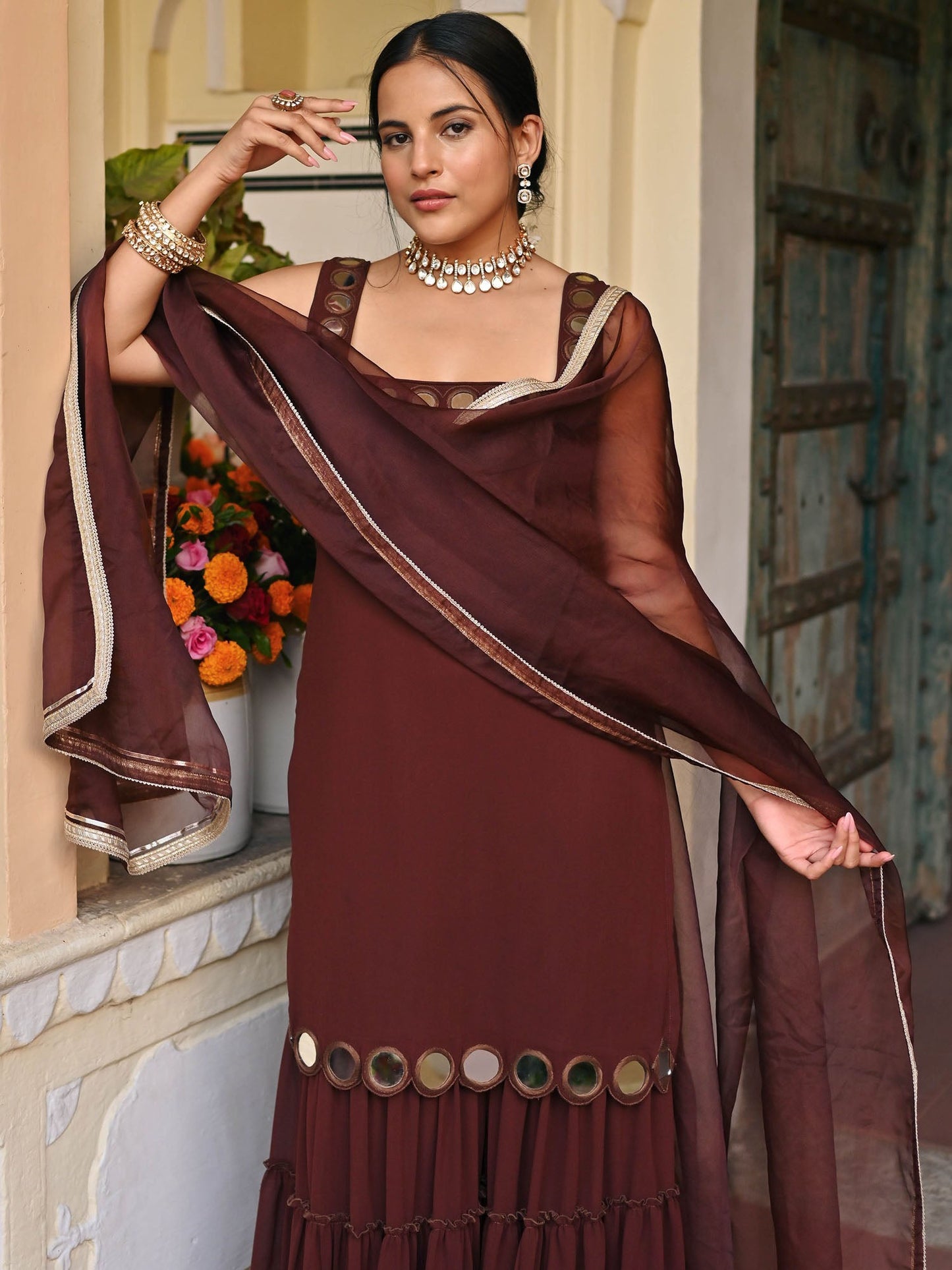 Brown Mirror Sharara Set