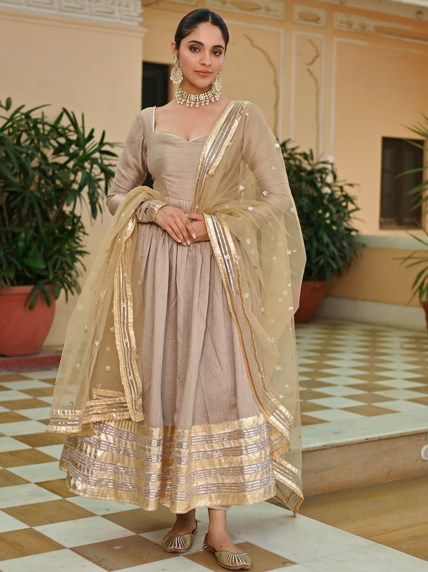 Beige Gold Silk Anarkali set