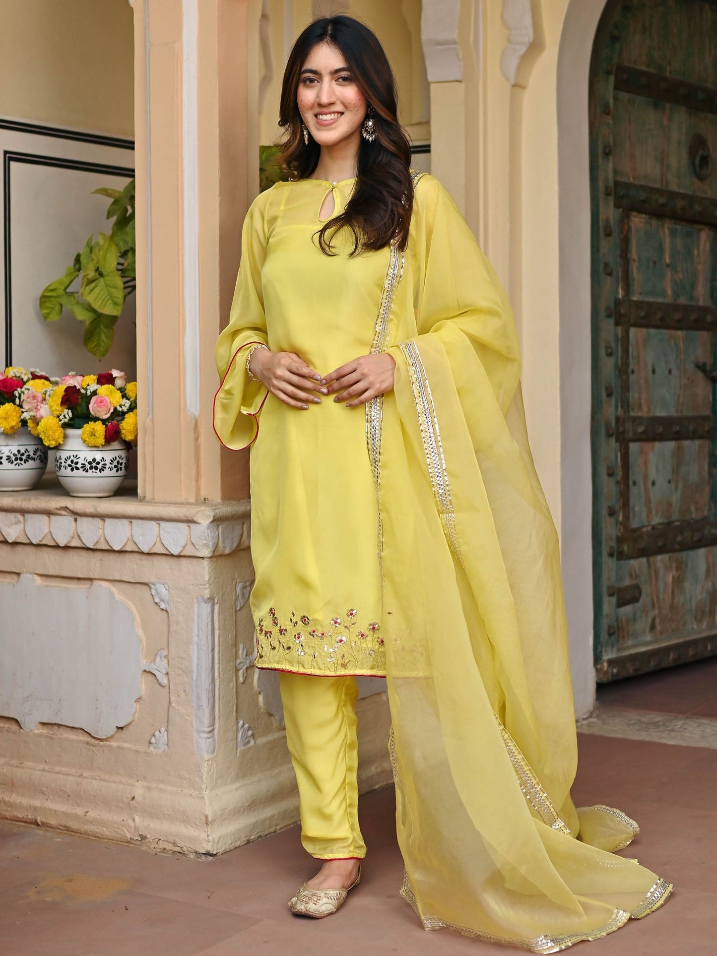 LEMON YELLOW SILK  KURTA AND PANT SET