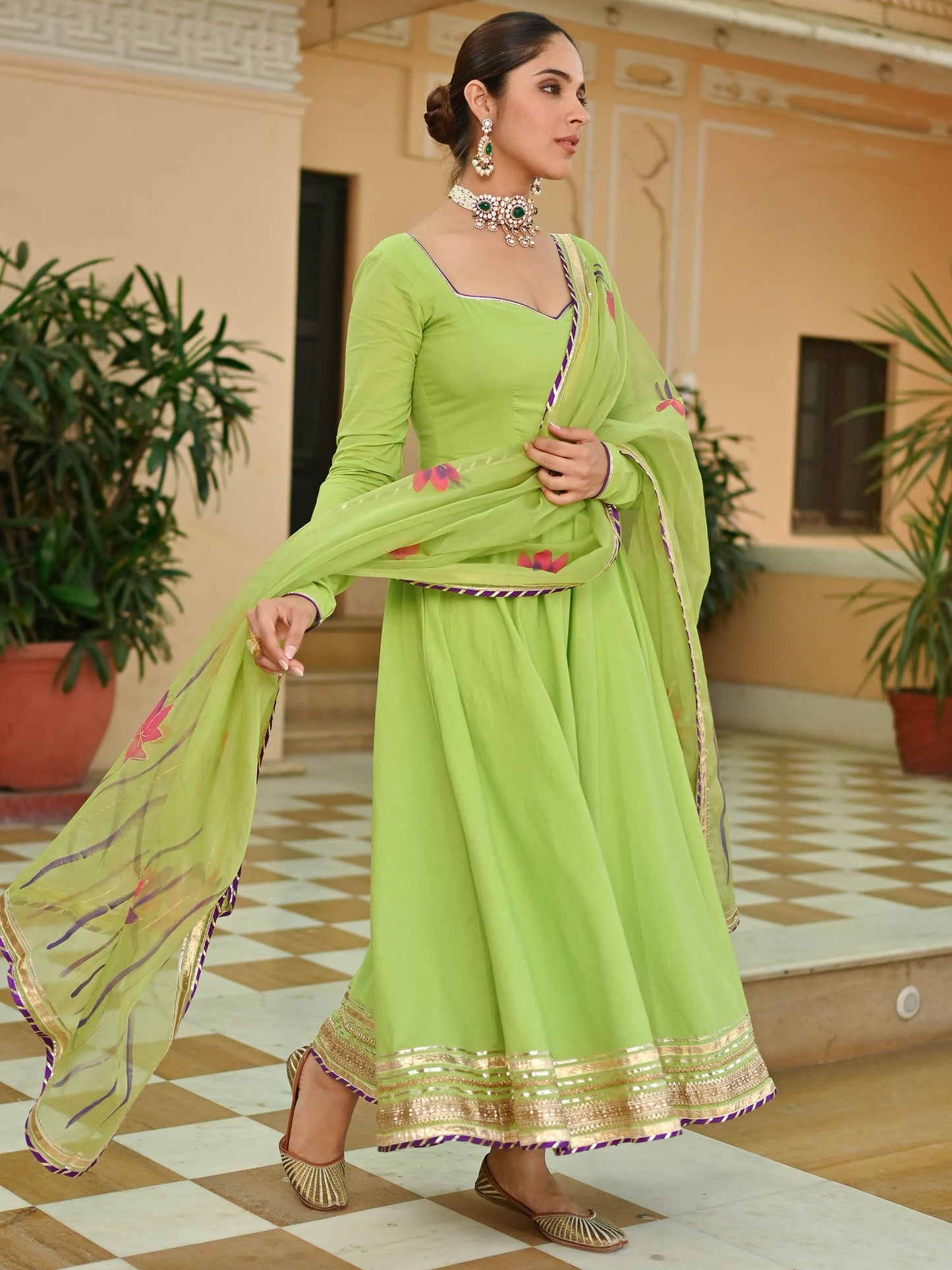Green Handbrush Anarkali Set