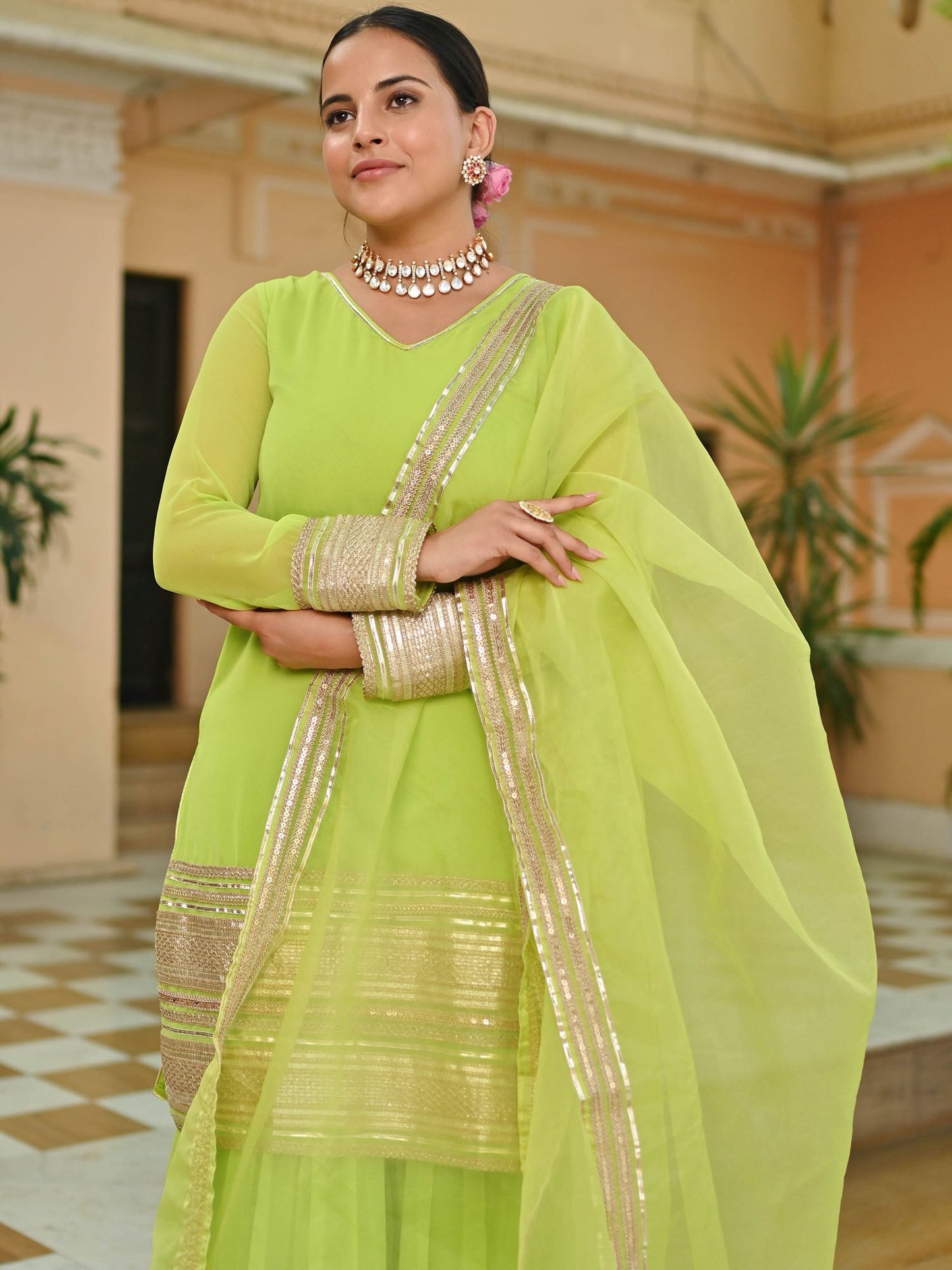 GREEN GEORGETTE KURTA AND SHARARA SET