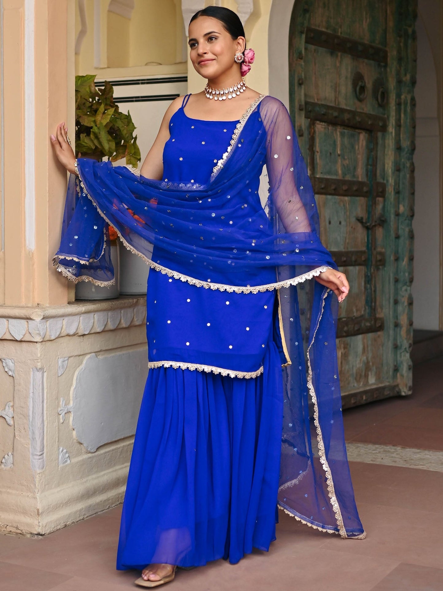 DARK BLUE GEORGETTE KURTA AND SHARARA SET