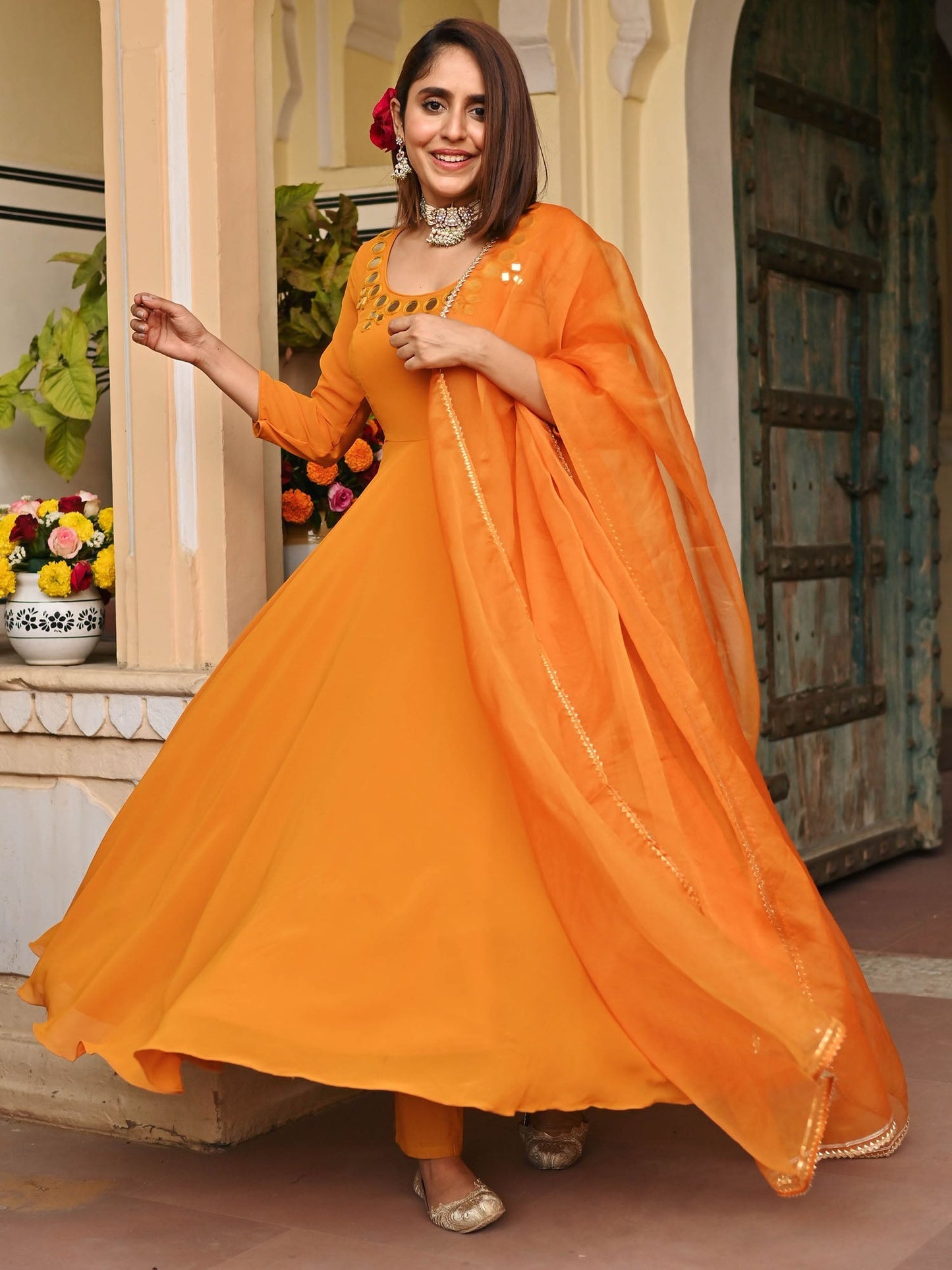 Mustard Yellow Mirror Anarkali Set