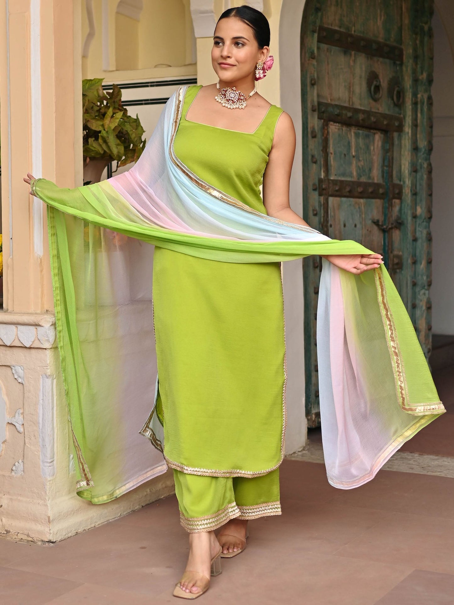 Parrot Green Chiffon Kurta Set