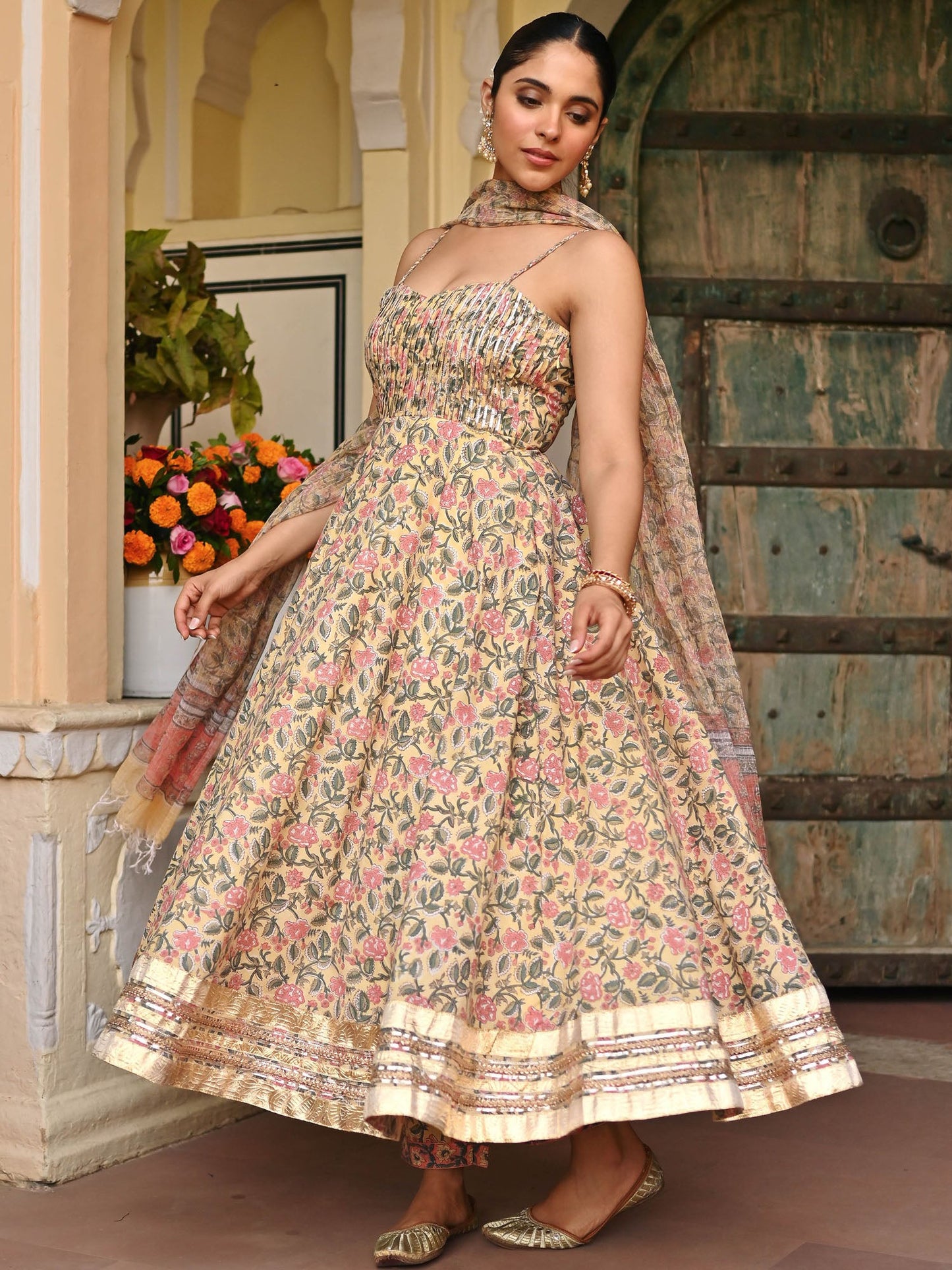 Yellow Handblock Printed Anarkali Set