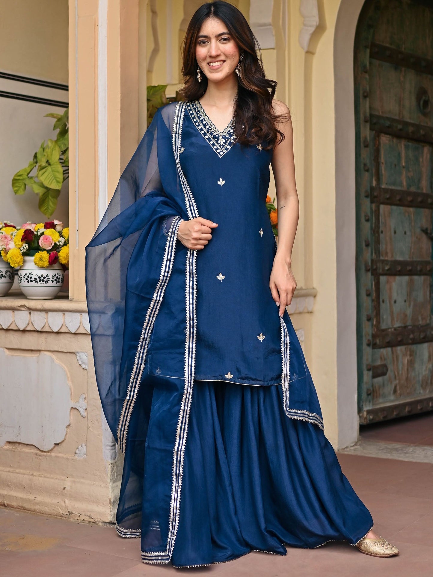 NAVY BLUE SILK KURTA AND SHARARA SET