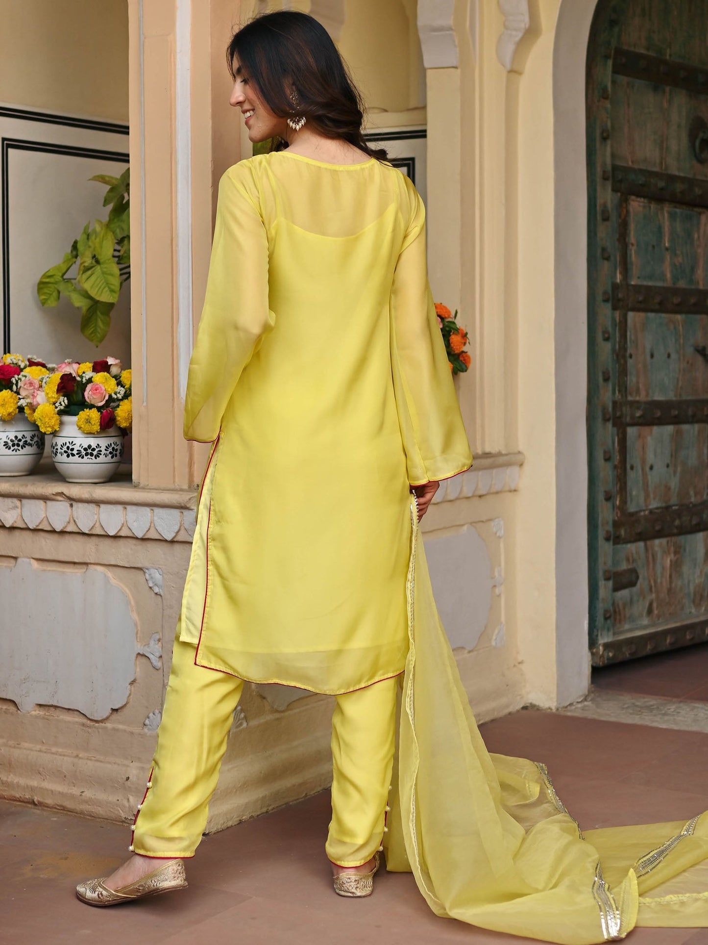 LEMON YELLOW SILK  KURTA AND PANT SET
