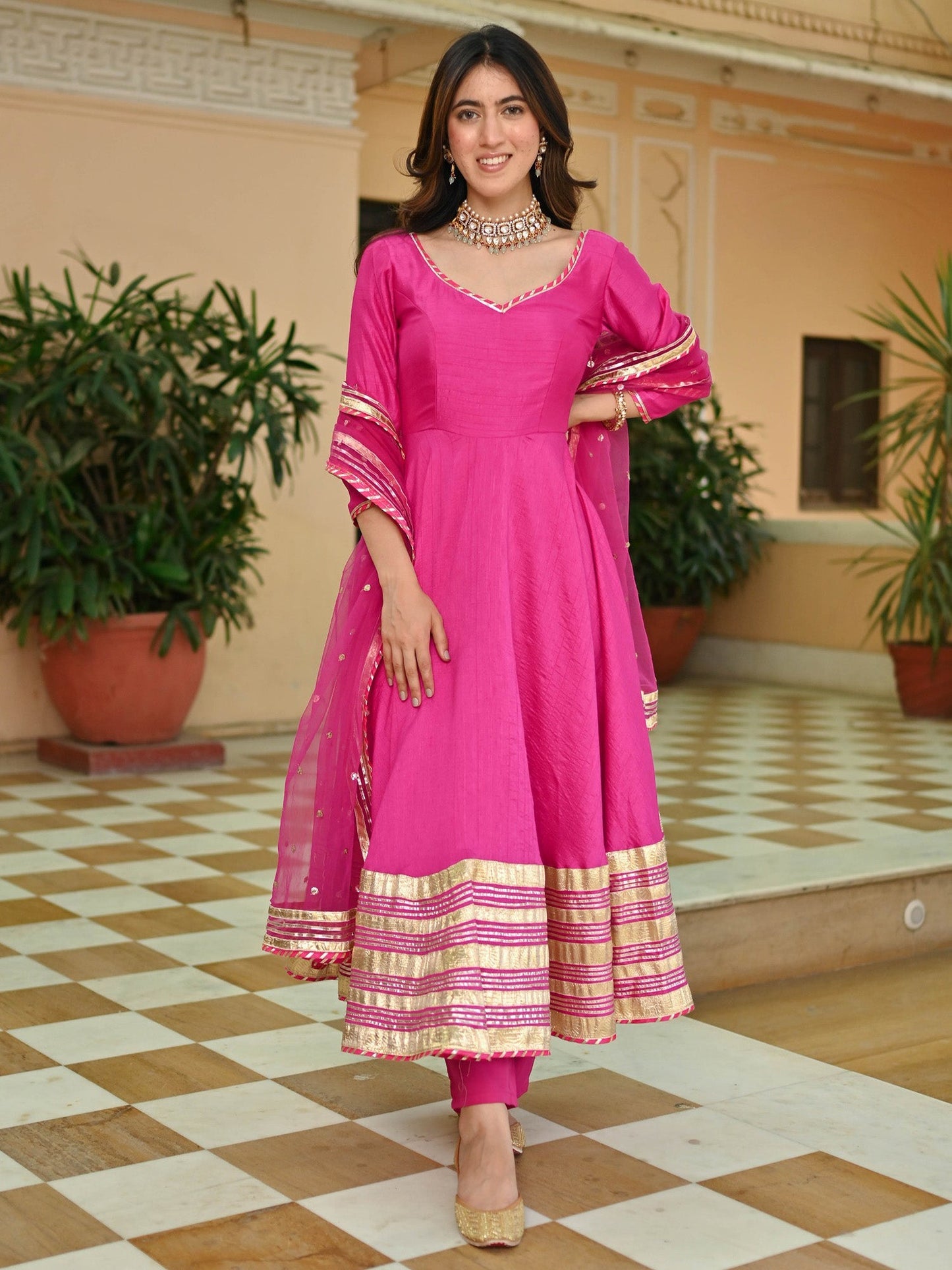 Pink Silk Gotta Anarkali Set