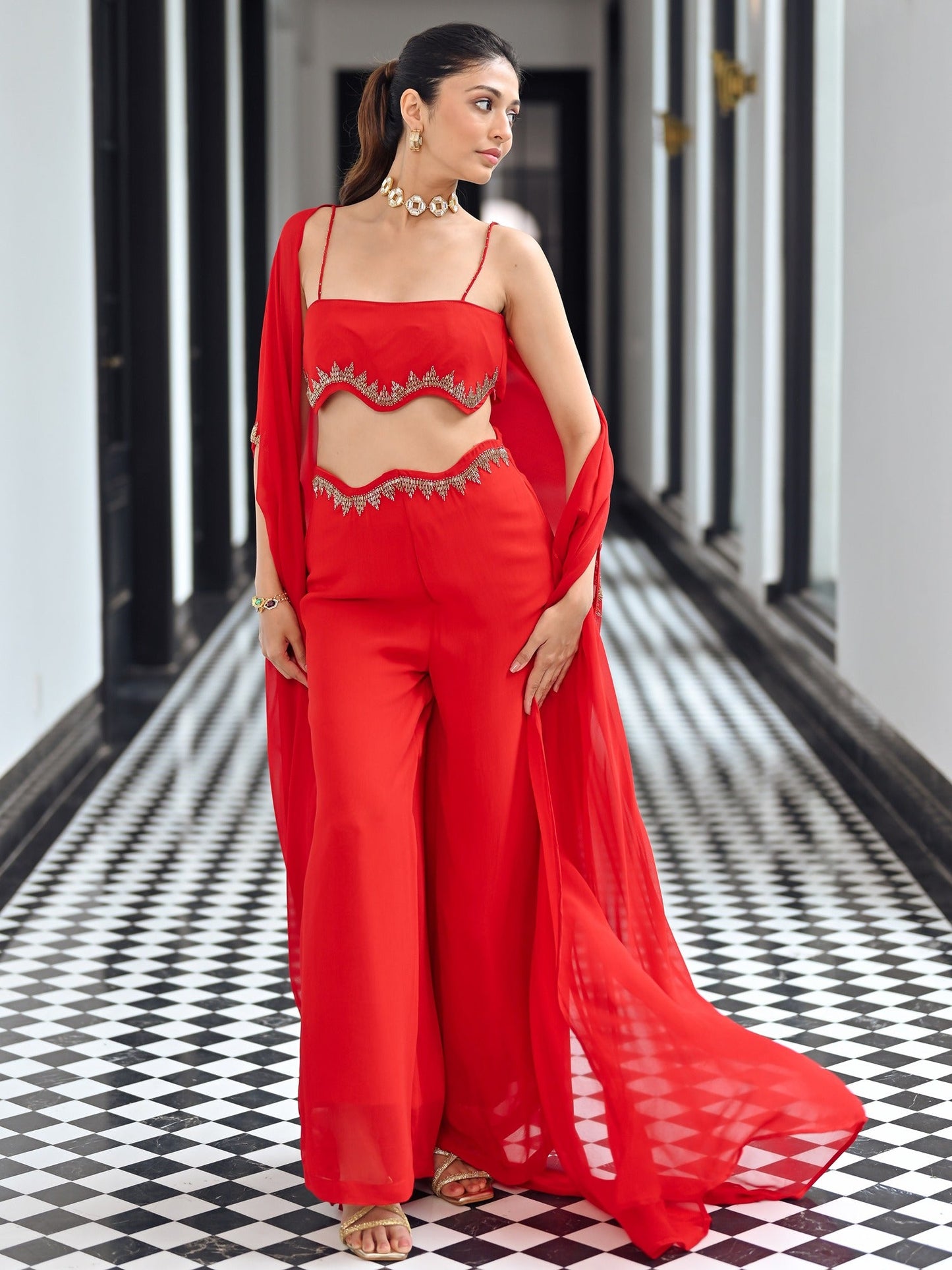 Red Georgette Coord Set
