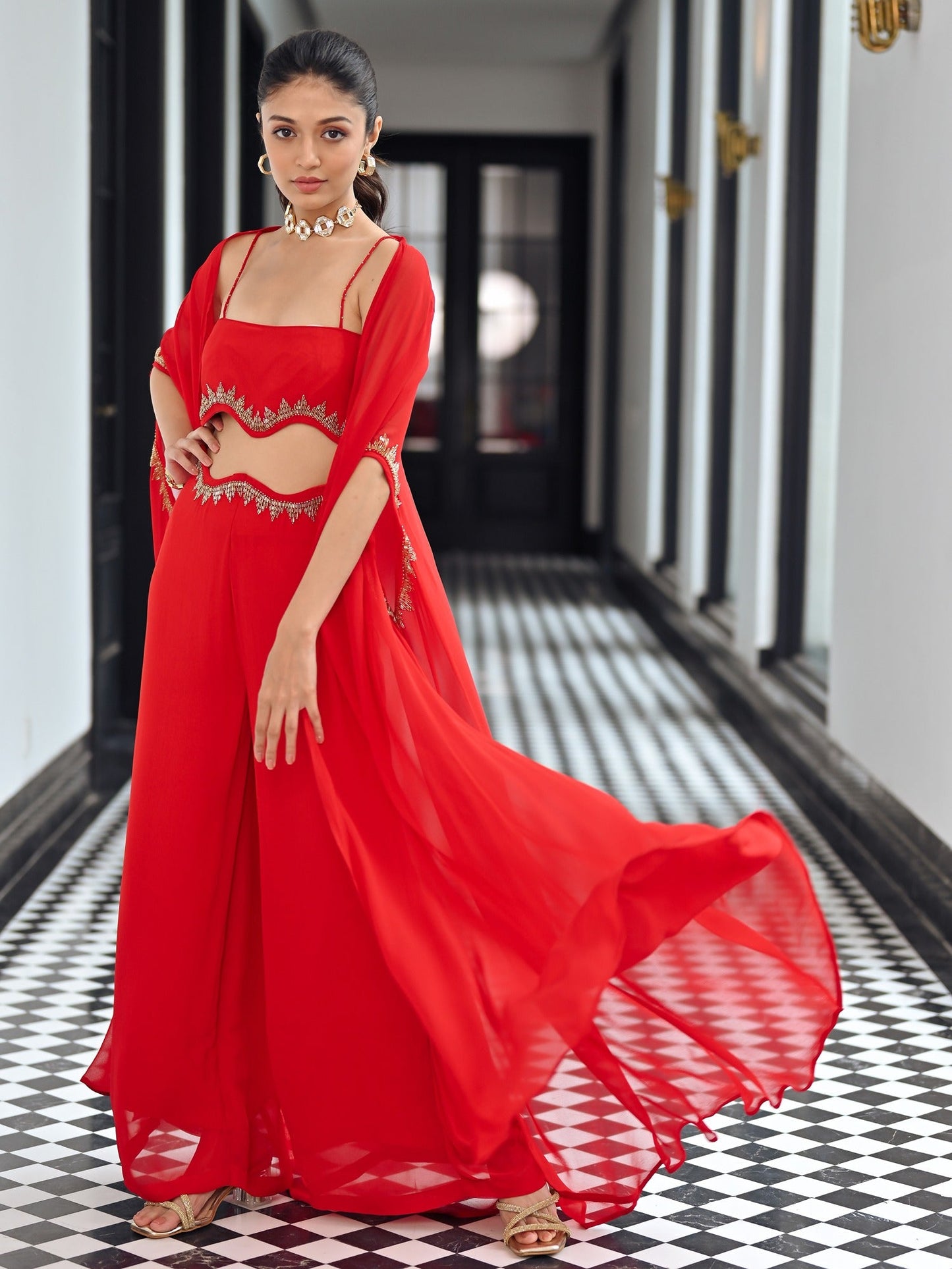 Red Georgette Coord Set