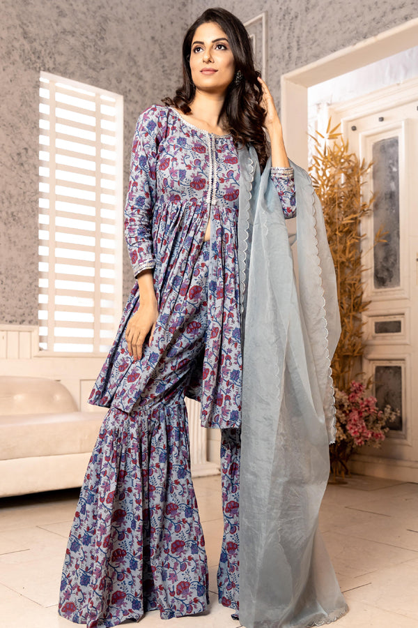 Purple Hand Block Sharara Set