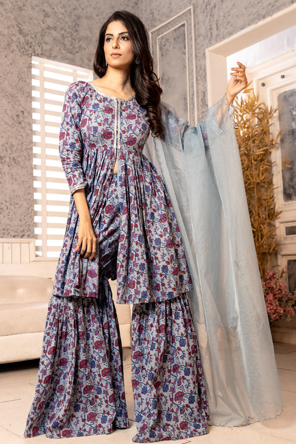 Purple Hand Block Sharara Set