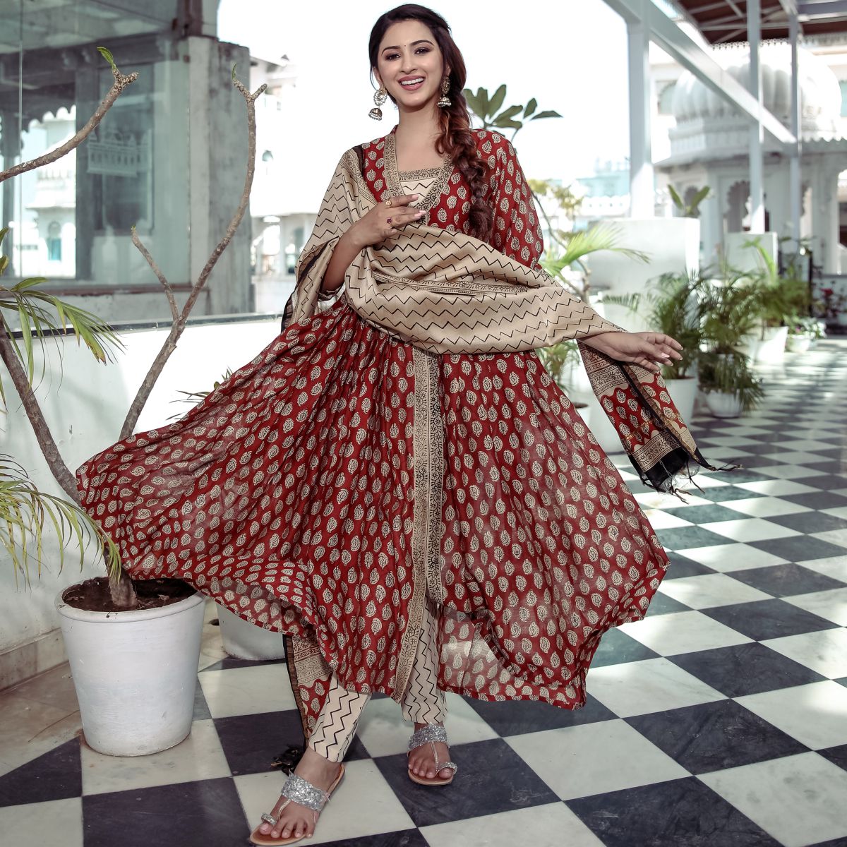 Red Bagru Printed Anarkali Pant