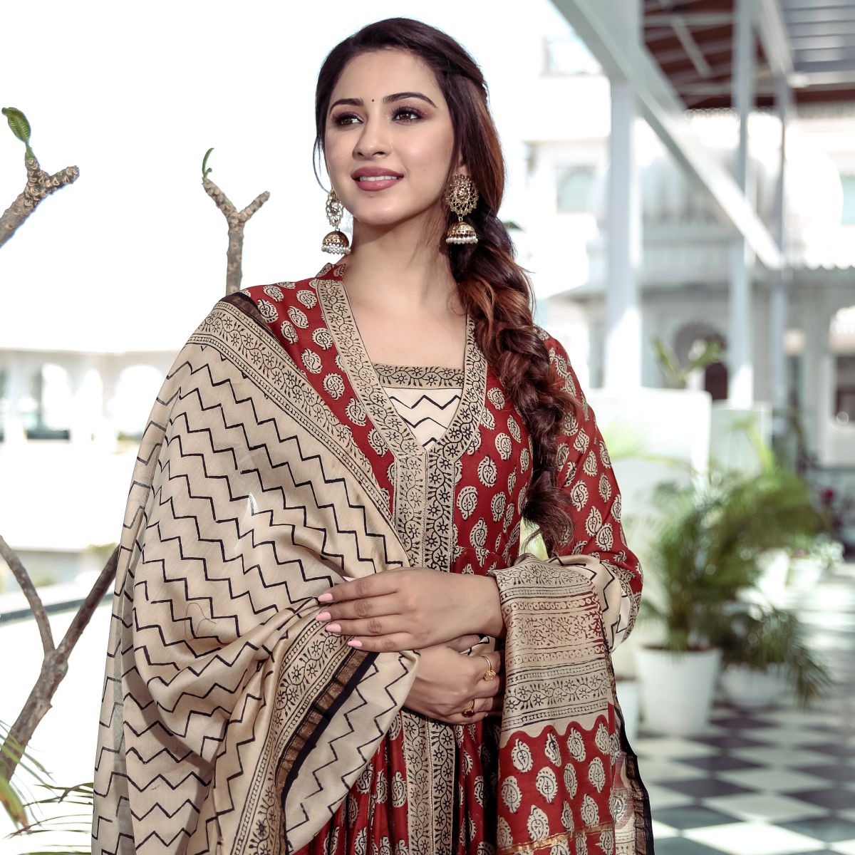 Red Bagru Printed Anarkali Pant