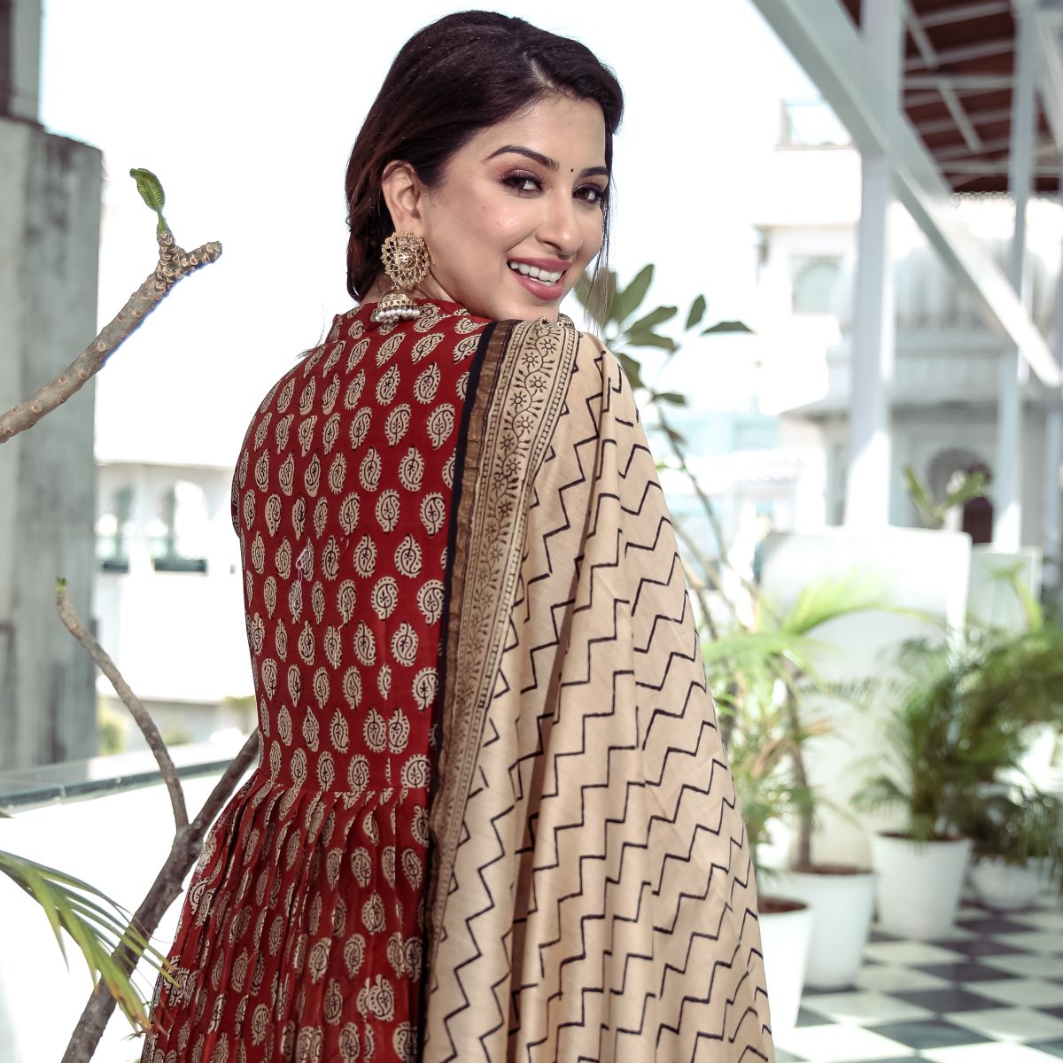 Red Bagru Printed Anarkali Pant
