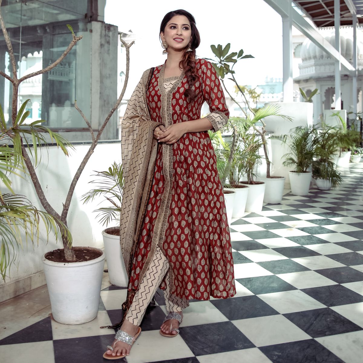 Red Bagru Printed Anarkali Pant