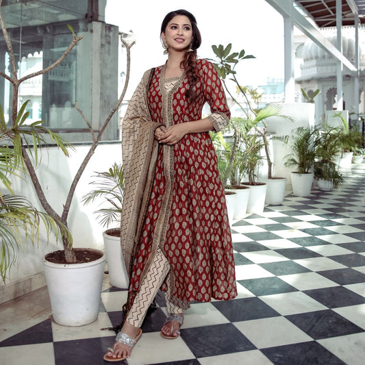 Red Bagru Printed Anarkali Pant