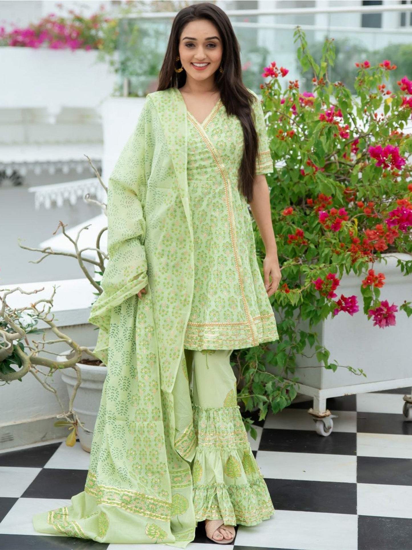 Green Cotton Printed Peplum and Sharara Set