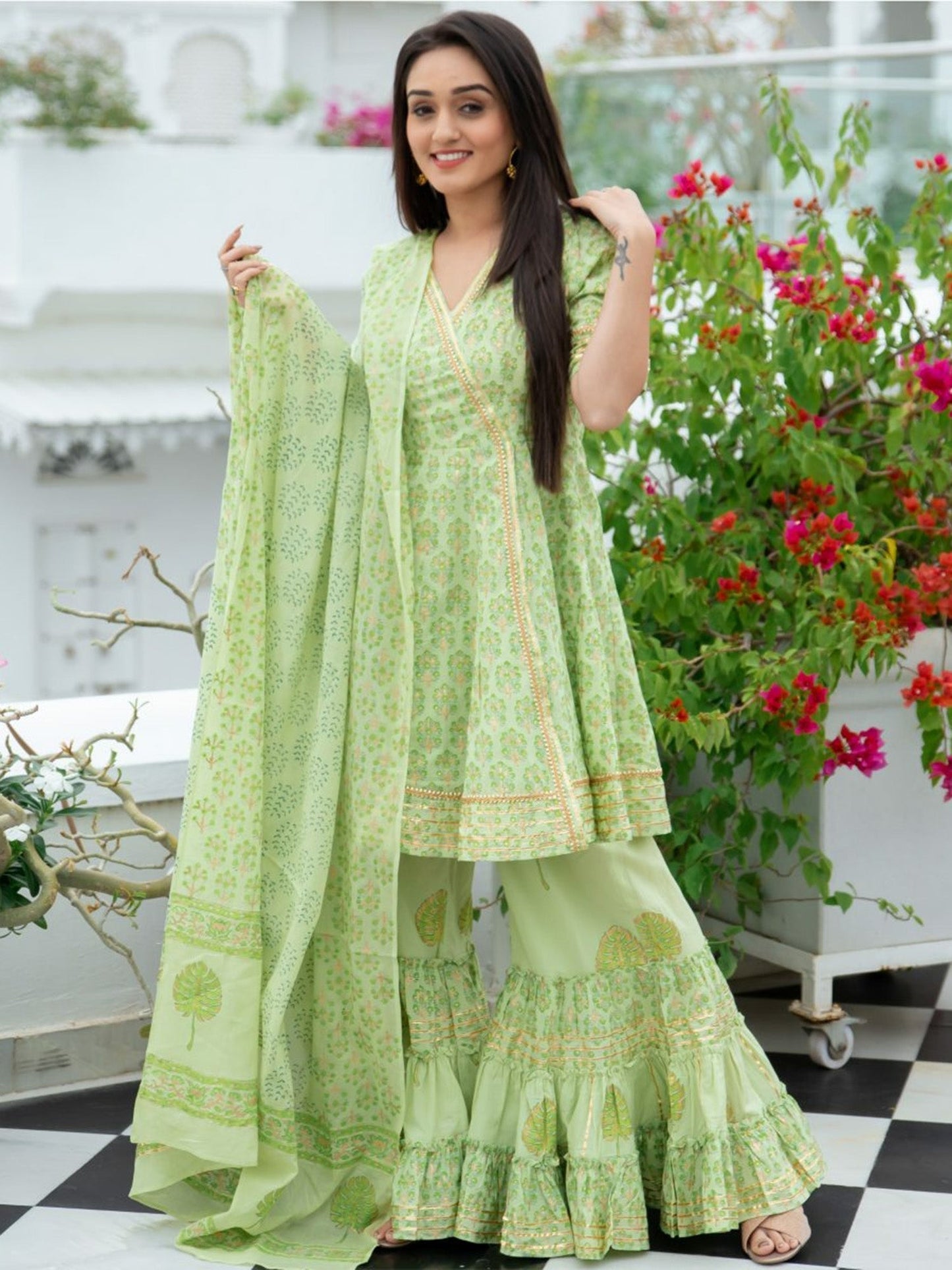 Green Cotton Printed Peplum and Sharara Set