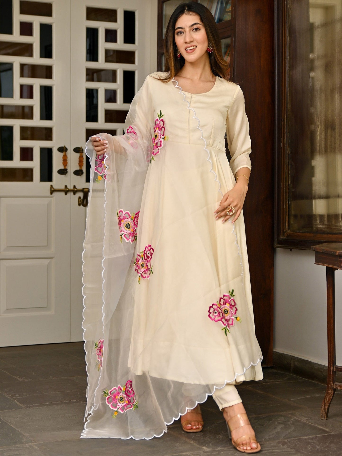 Ivory Silk Embroidered Anarkali Set