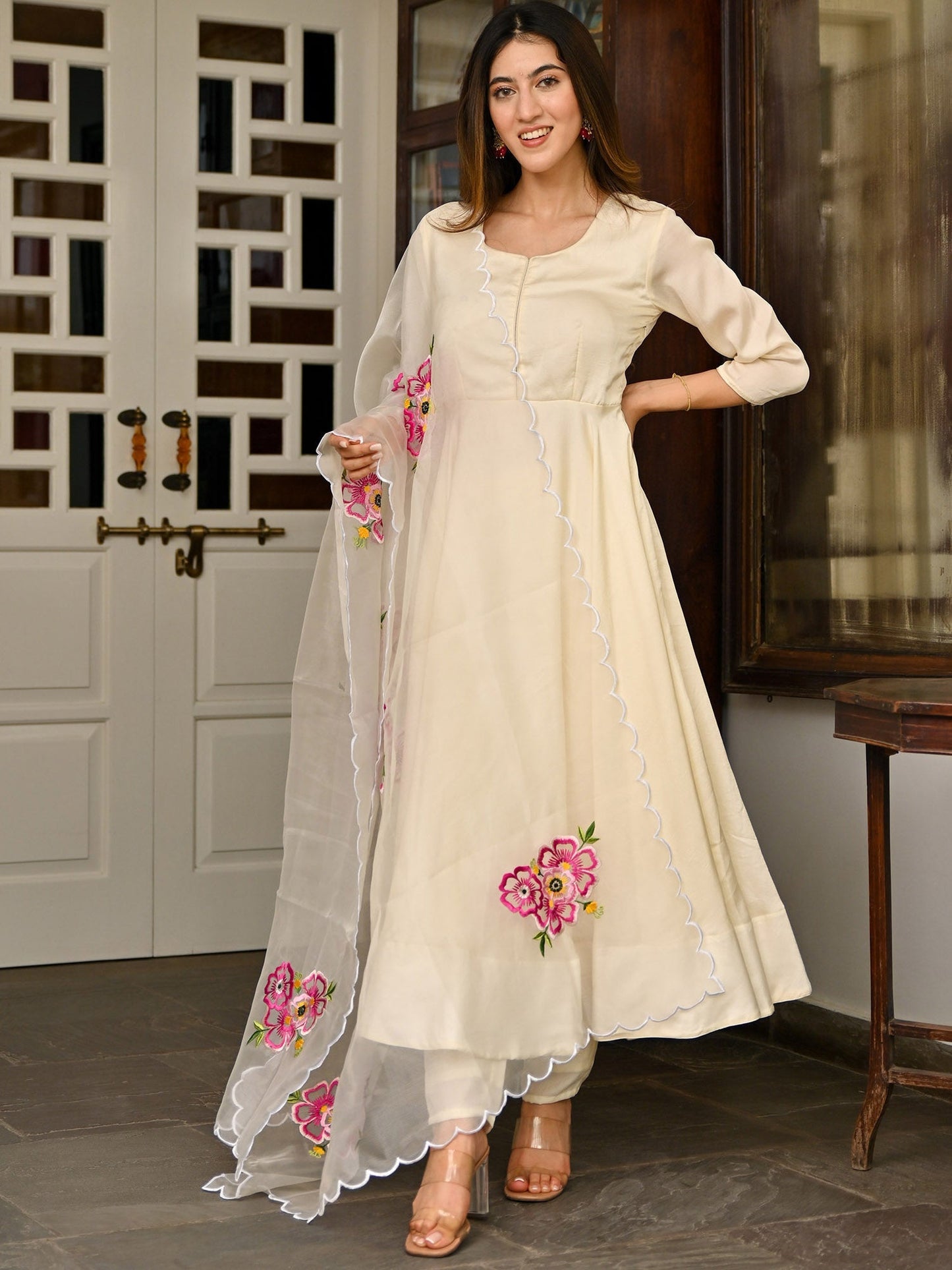 Ivory Silk Embroidered Anarkali Set