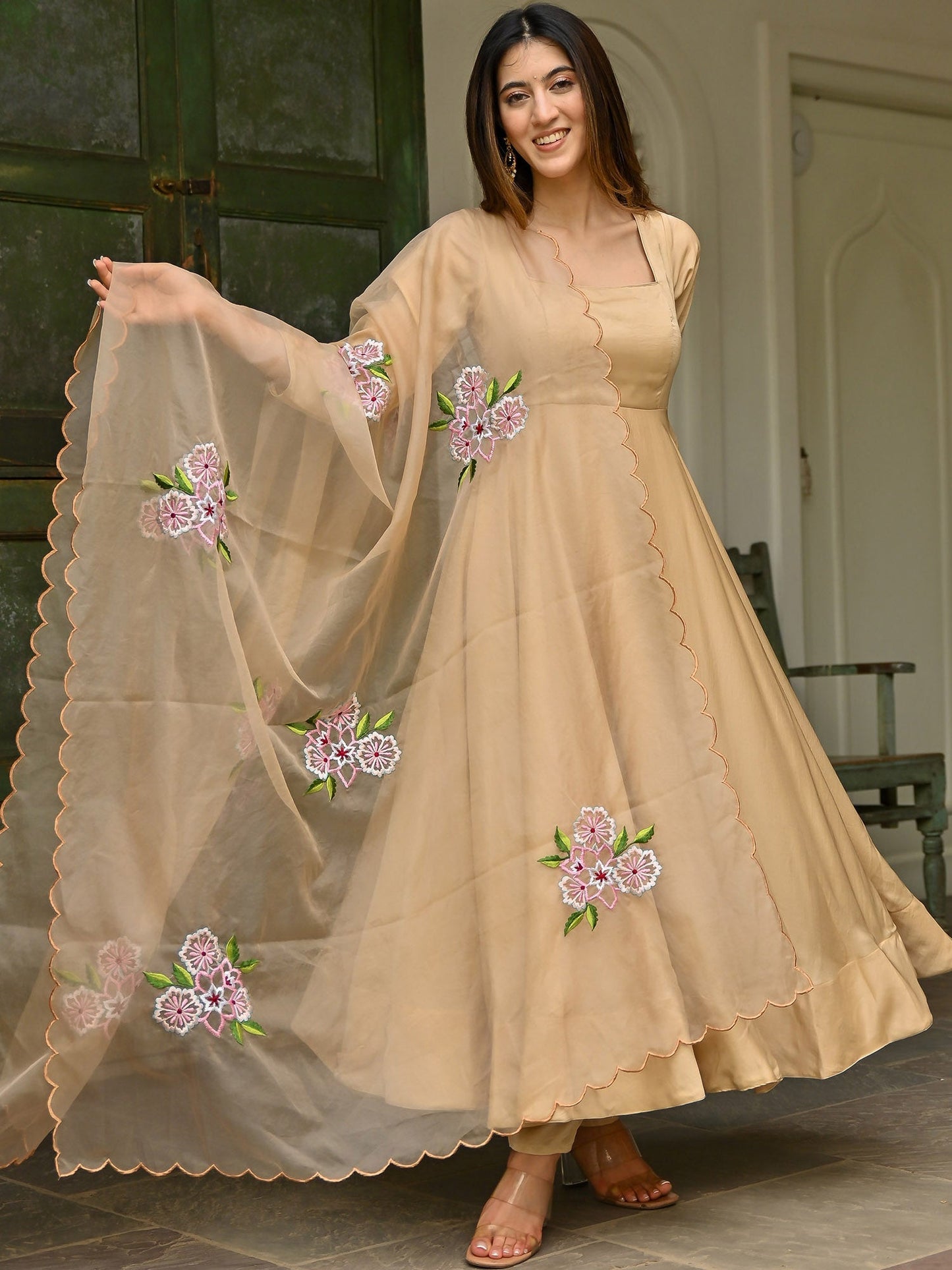 Beige Embroidered Anarkali Set