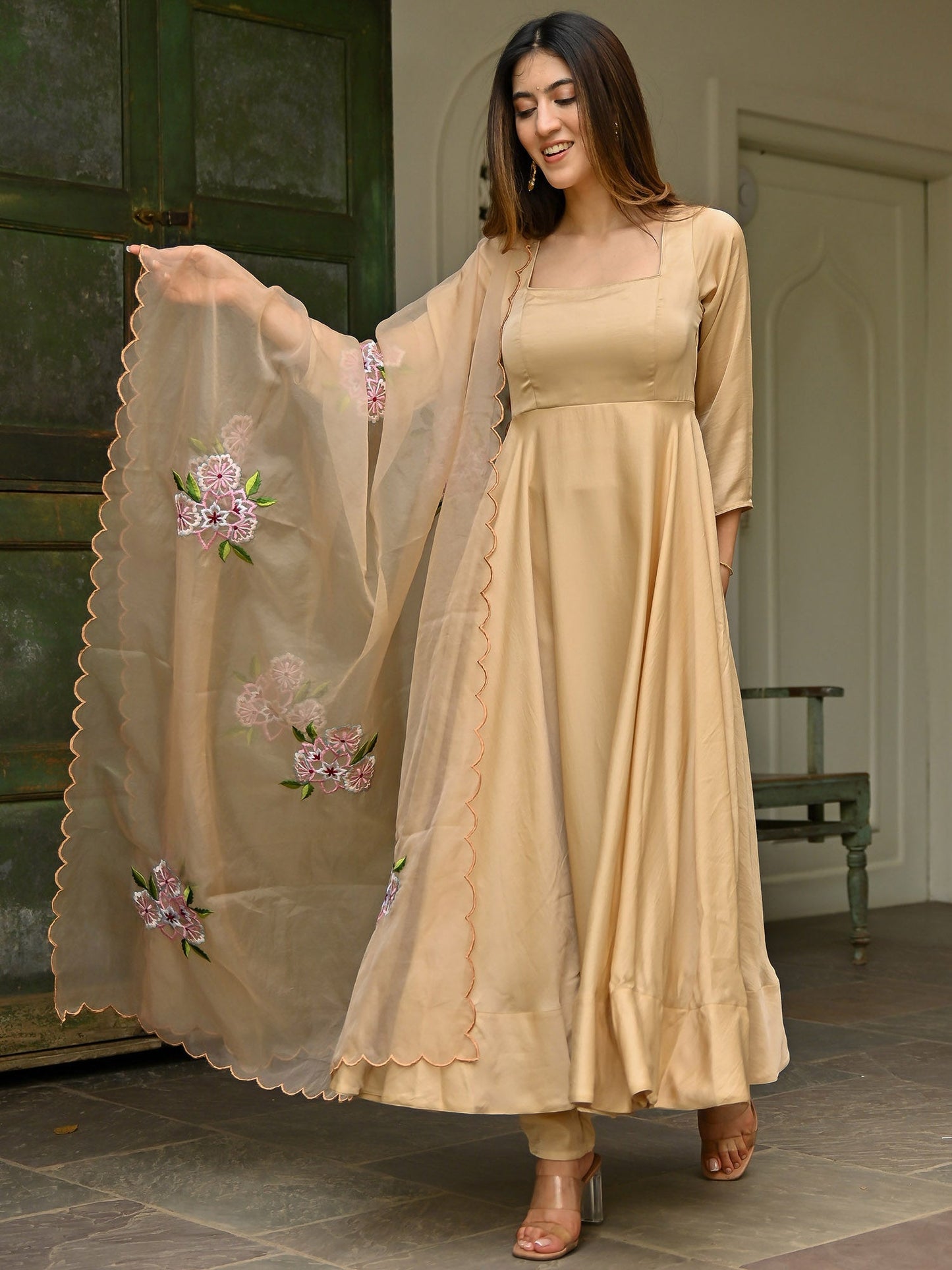 Beige Embroidered Anarkali Set