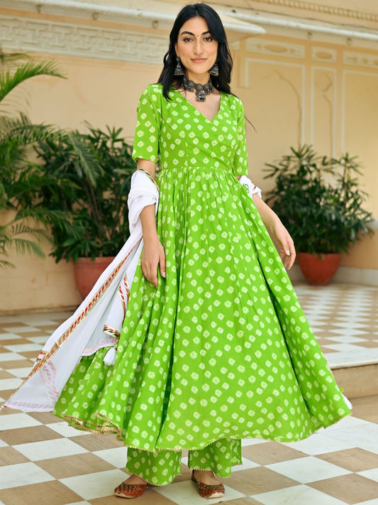 Green Bandhej Anarkali Set