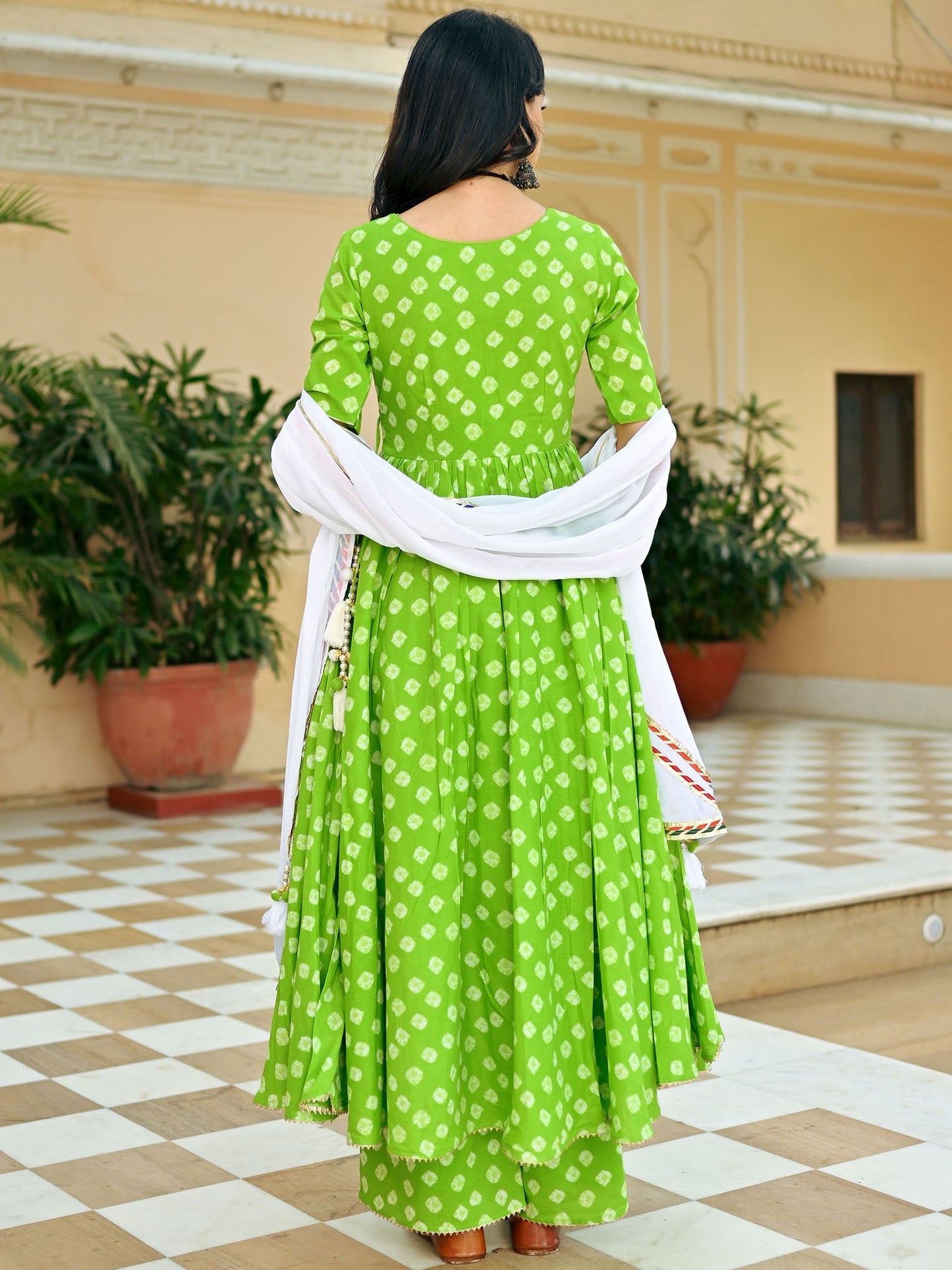 Green Bandhej Anarkali Set