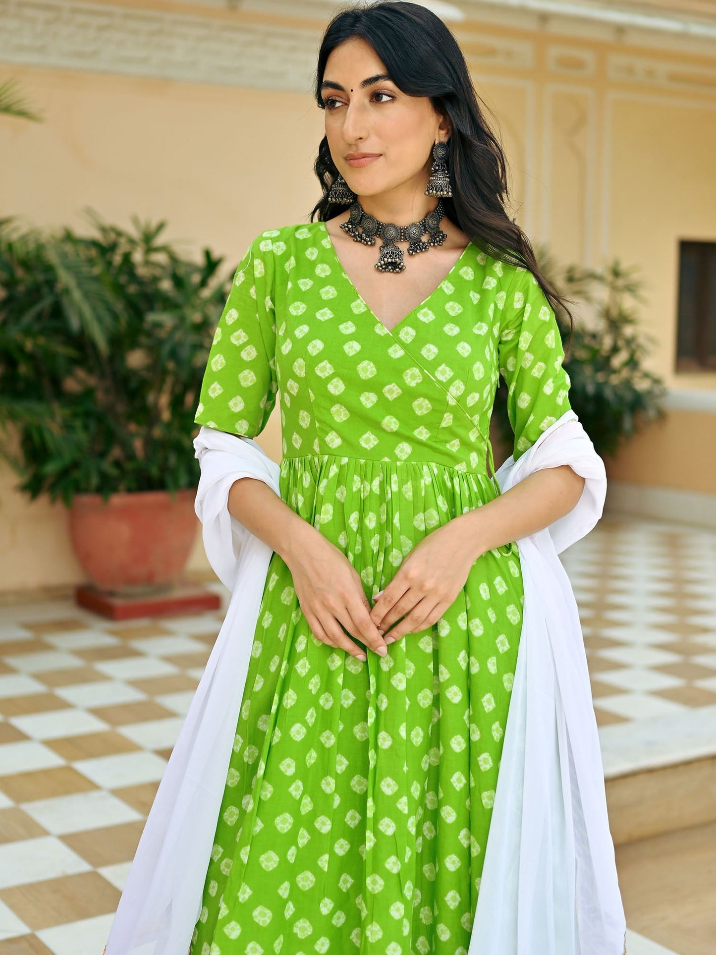 Green Bandhej Anarkali Set