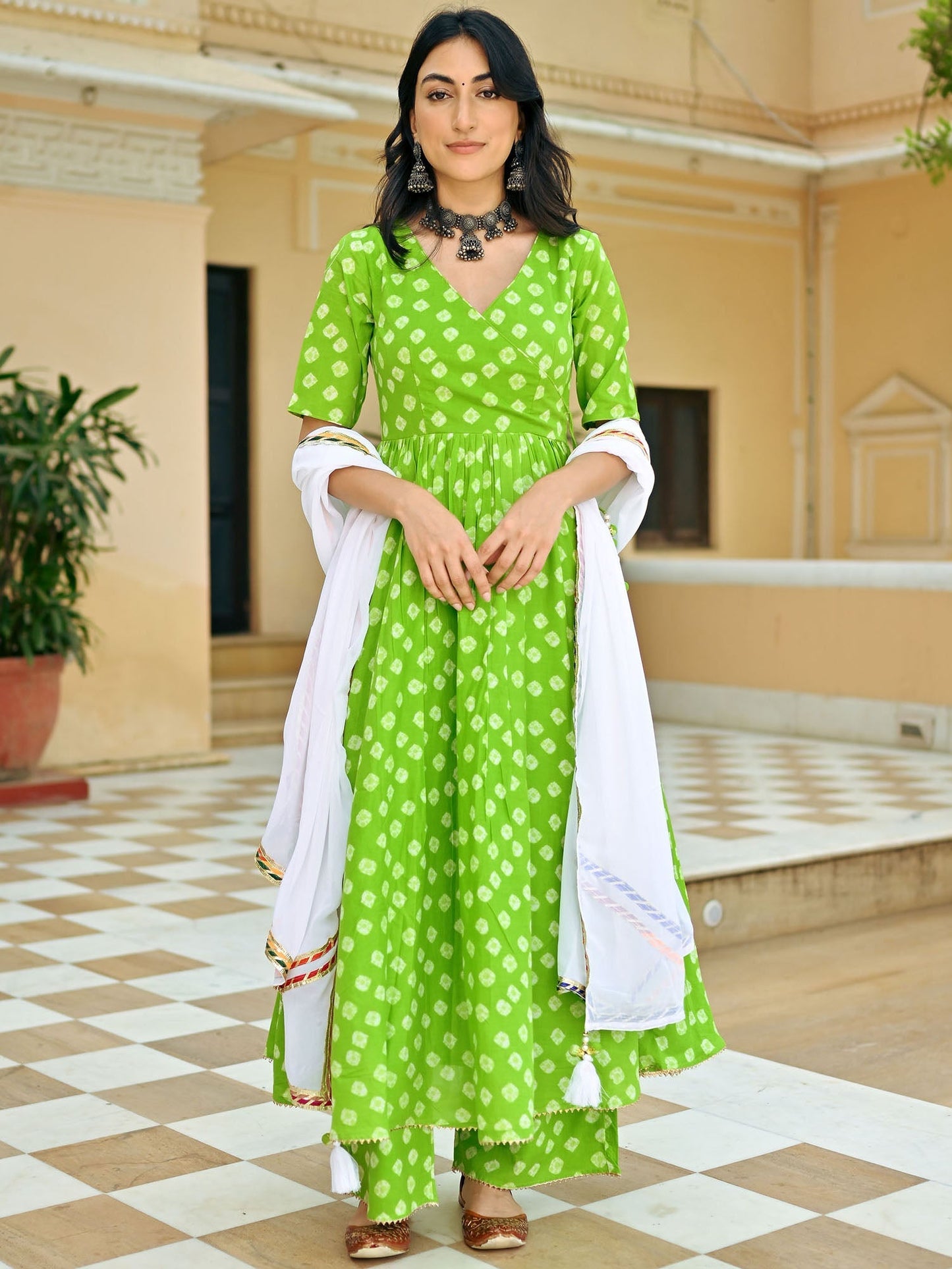 Green Bandhej Anarkali Set