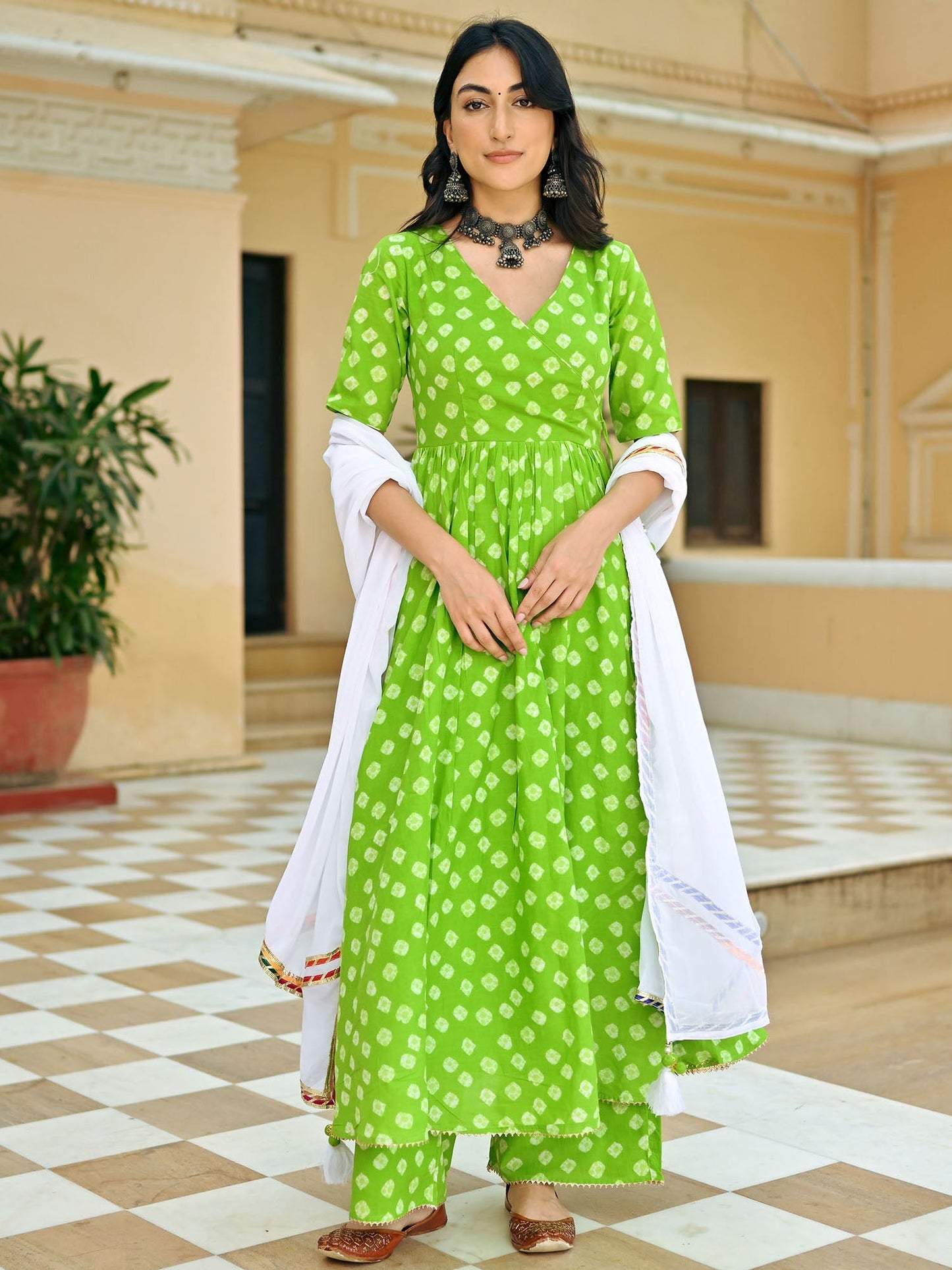 Green Bandhej Anarkali Set