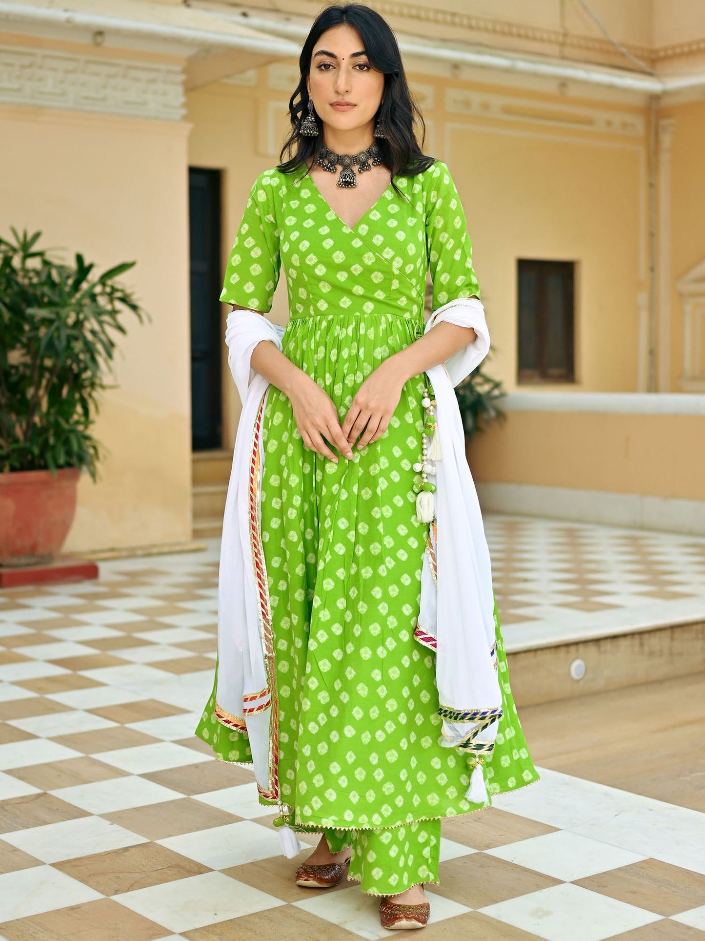 Green Bandhej Anarkali Set