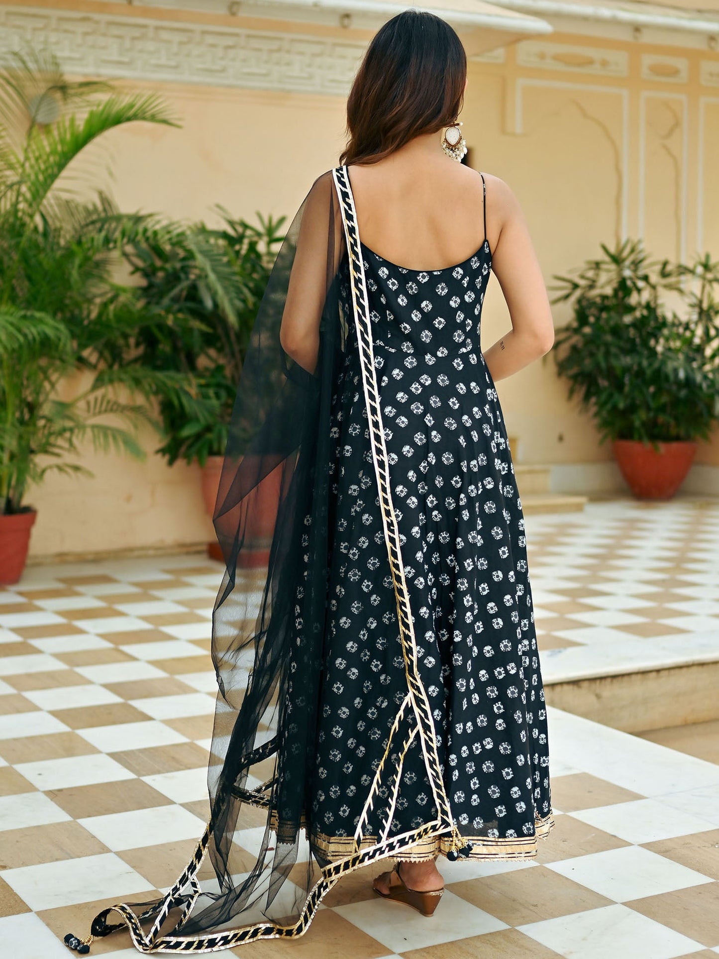 Black Bandhej Anarkali Set