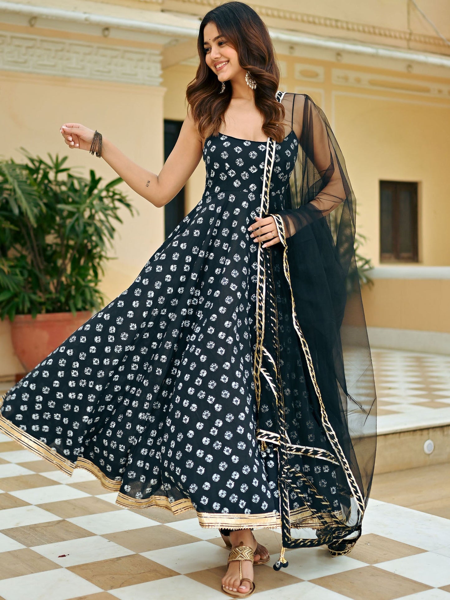 Black Bandhej Anarkali Set
