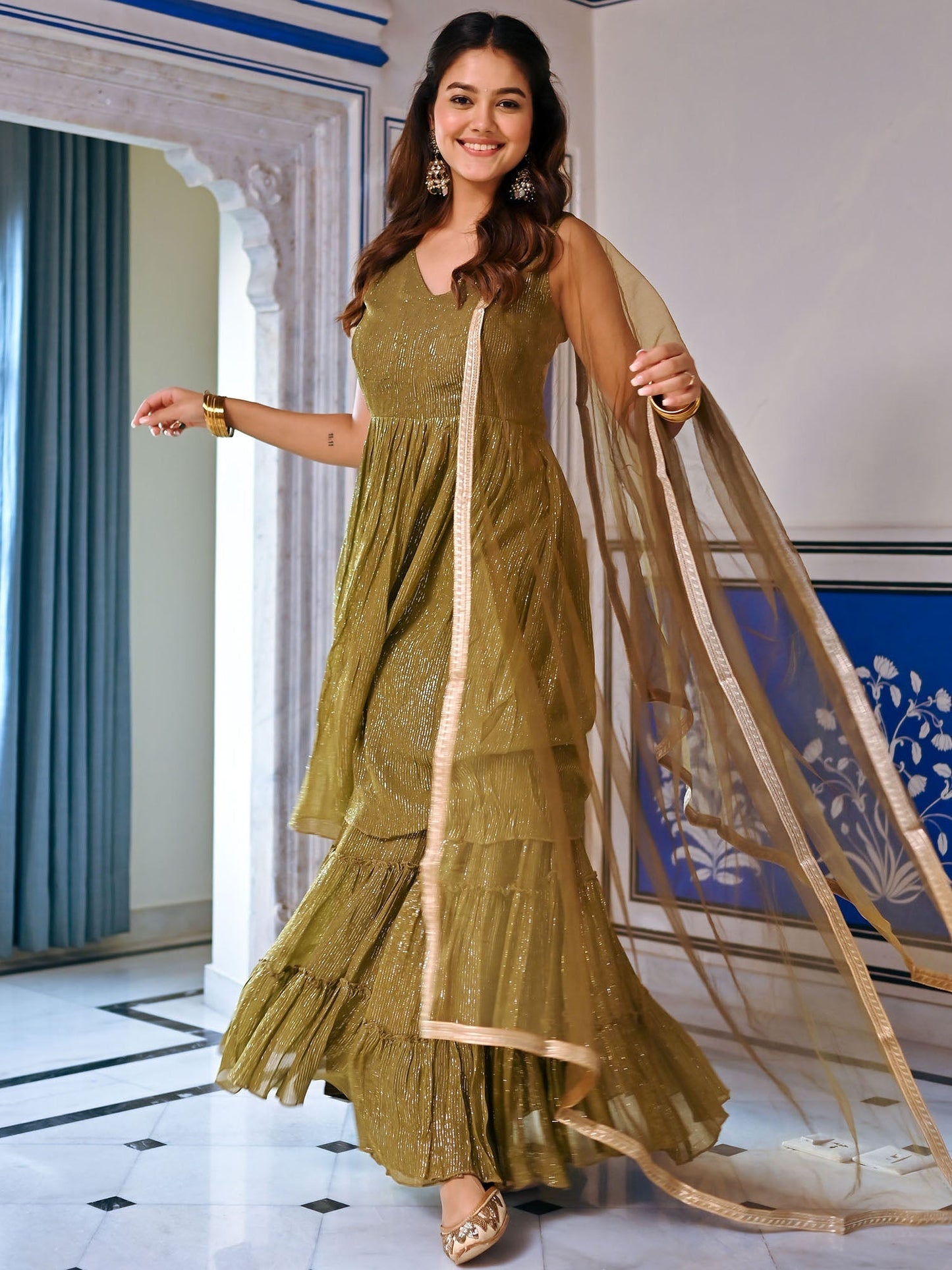 Green Lurex Sharara Set