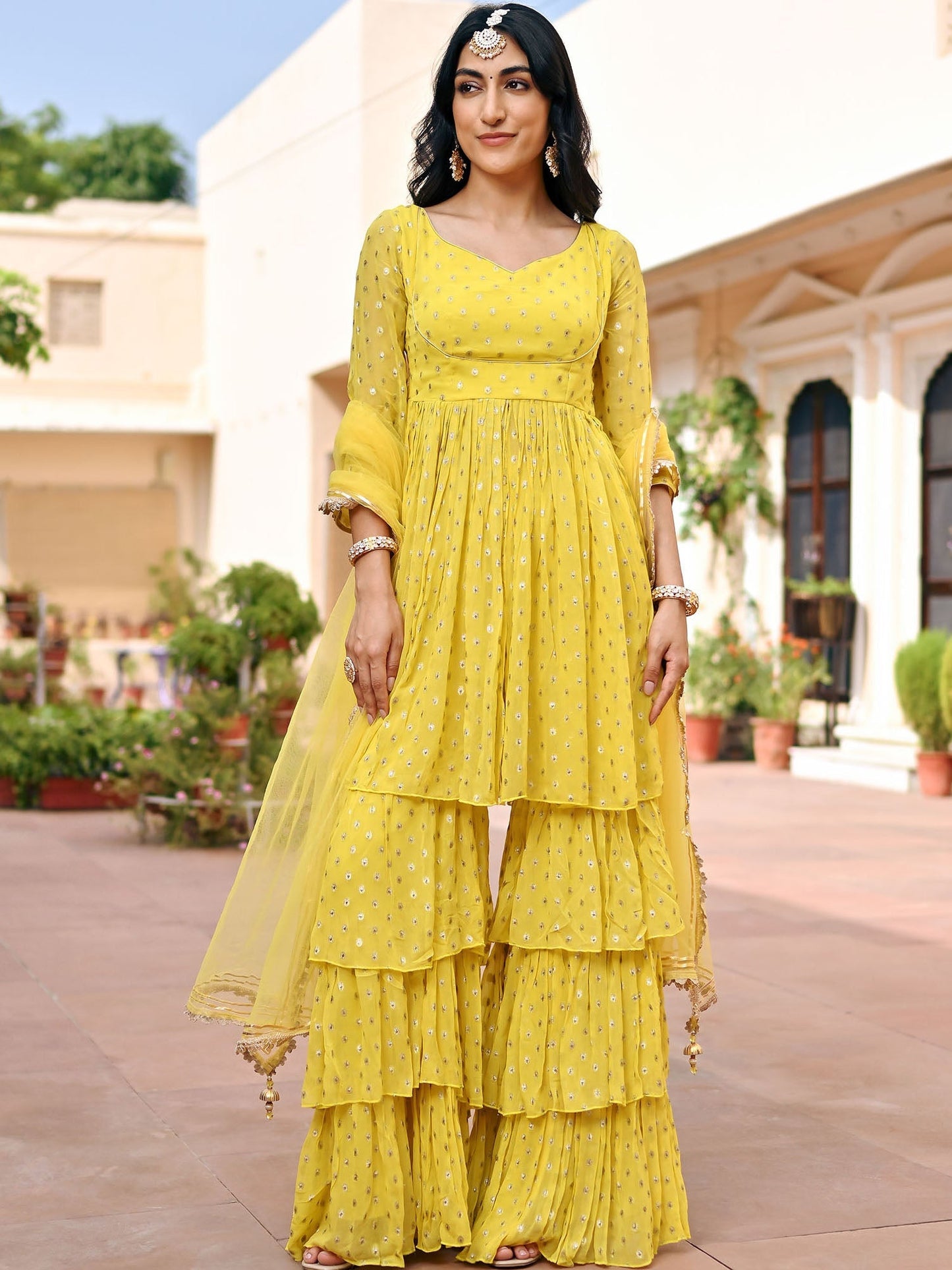 Yellow Georgette Sharara Set
