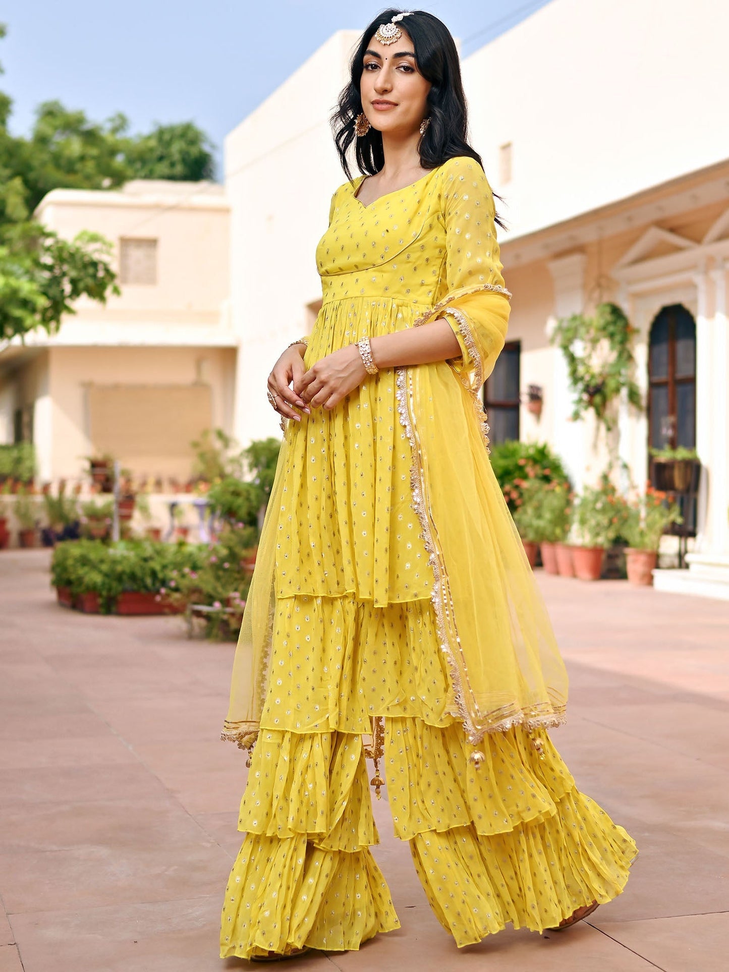 Yellow Georgette Sharara Set