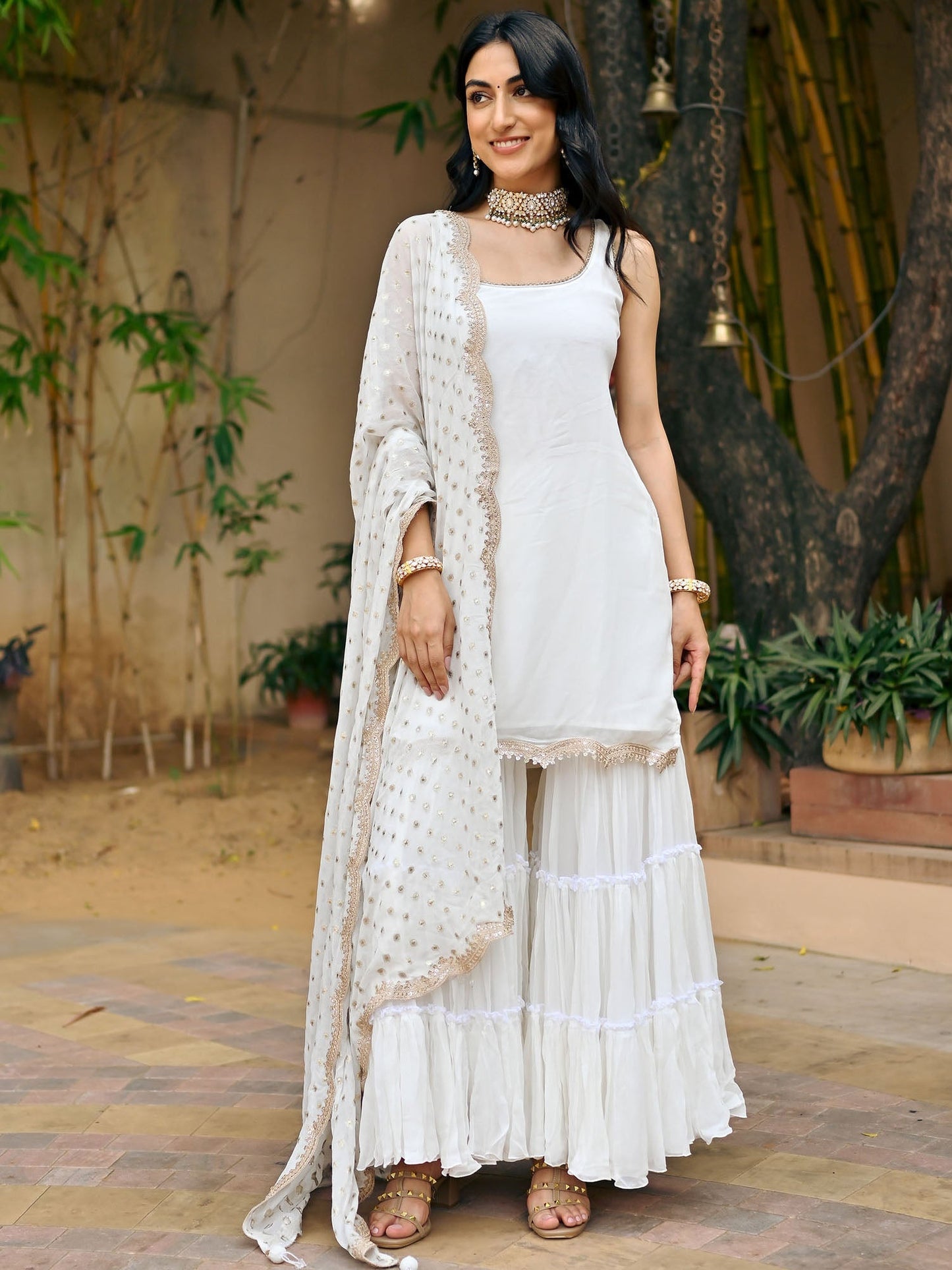 White Georgette Sharara Set