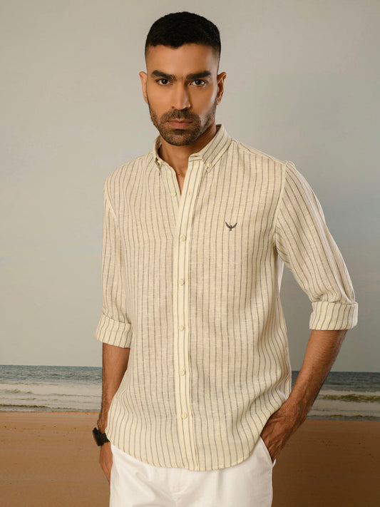 Grey Striped Slim Fit Linen Cotton Shirt