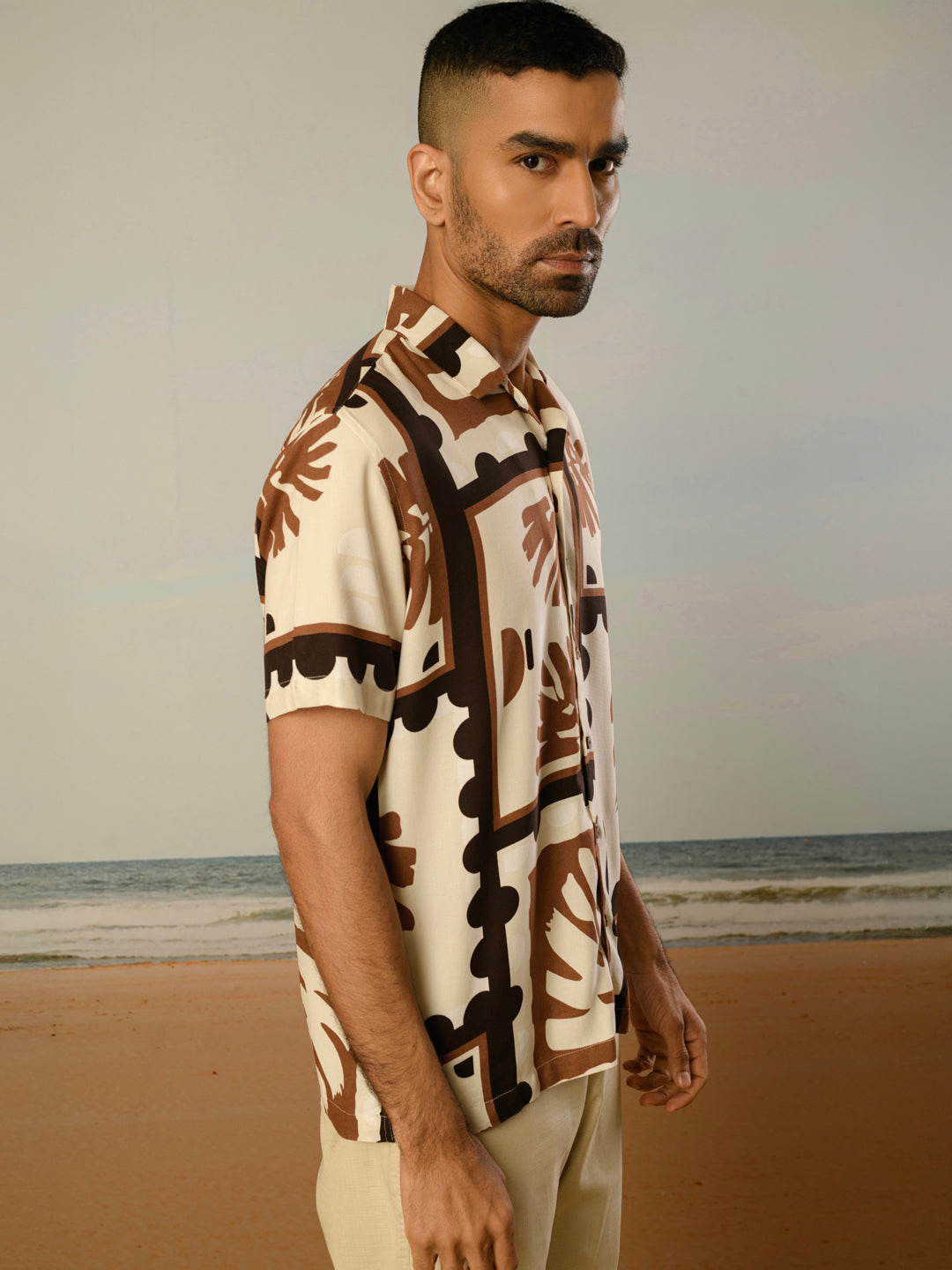 Cream Printed Rayon Shirt