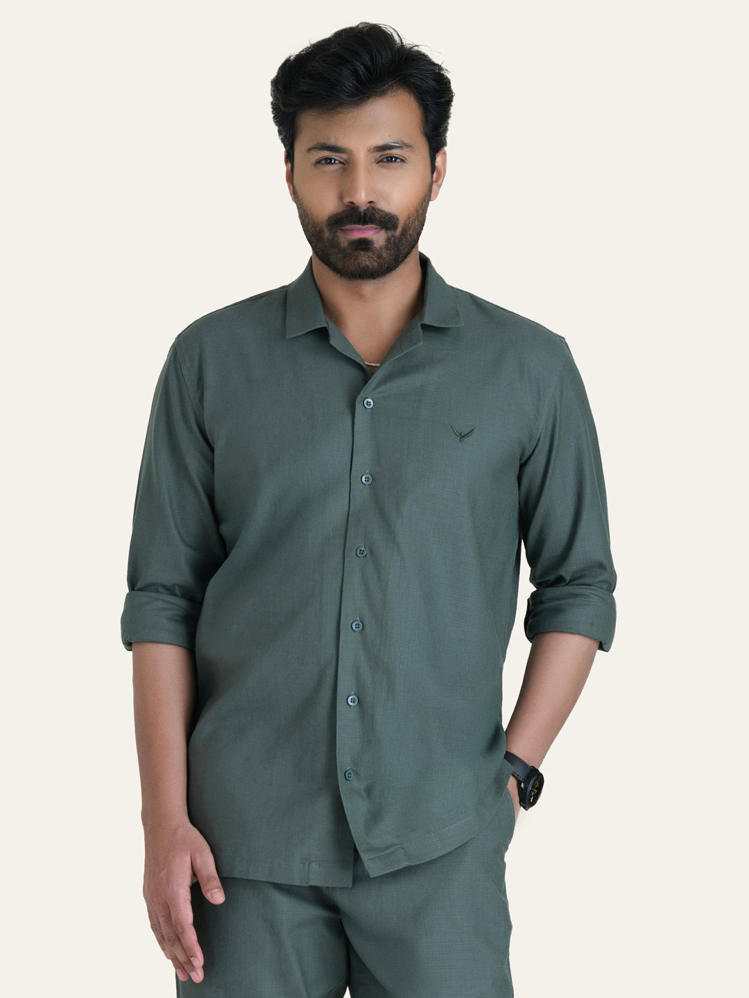 English Green Solid Linen Cotton Shirt