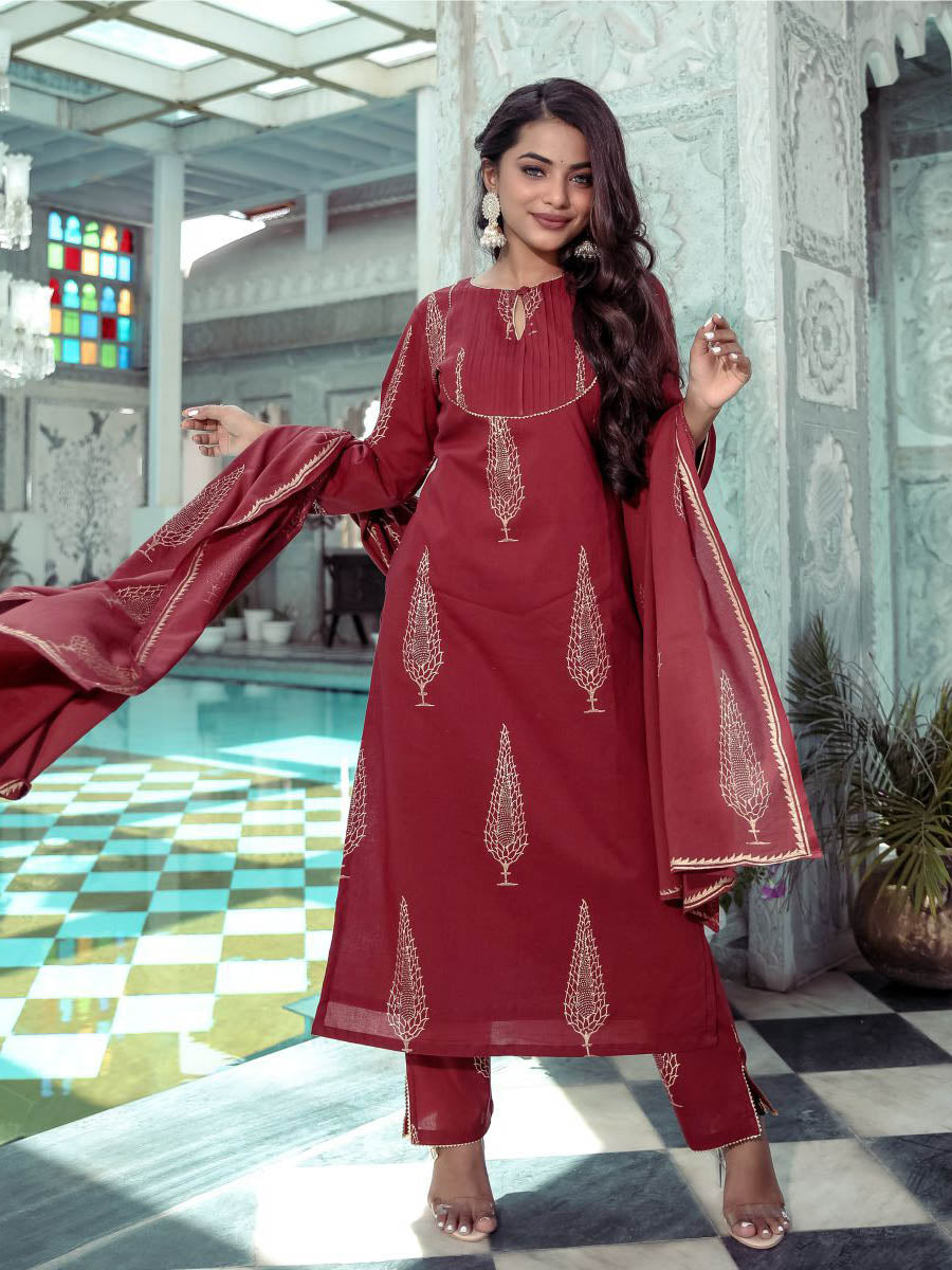 Maroon Printed Kurta Sets
