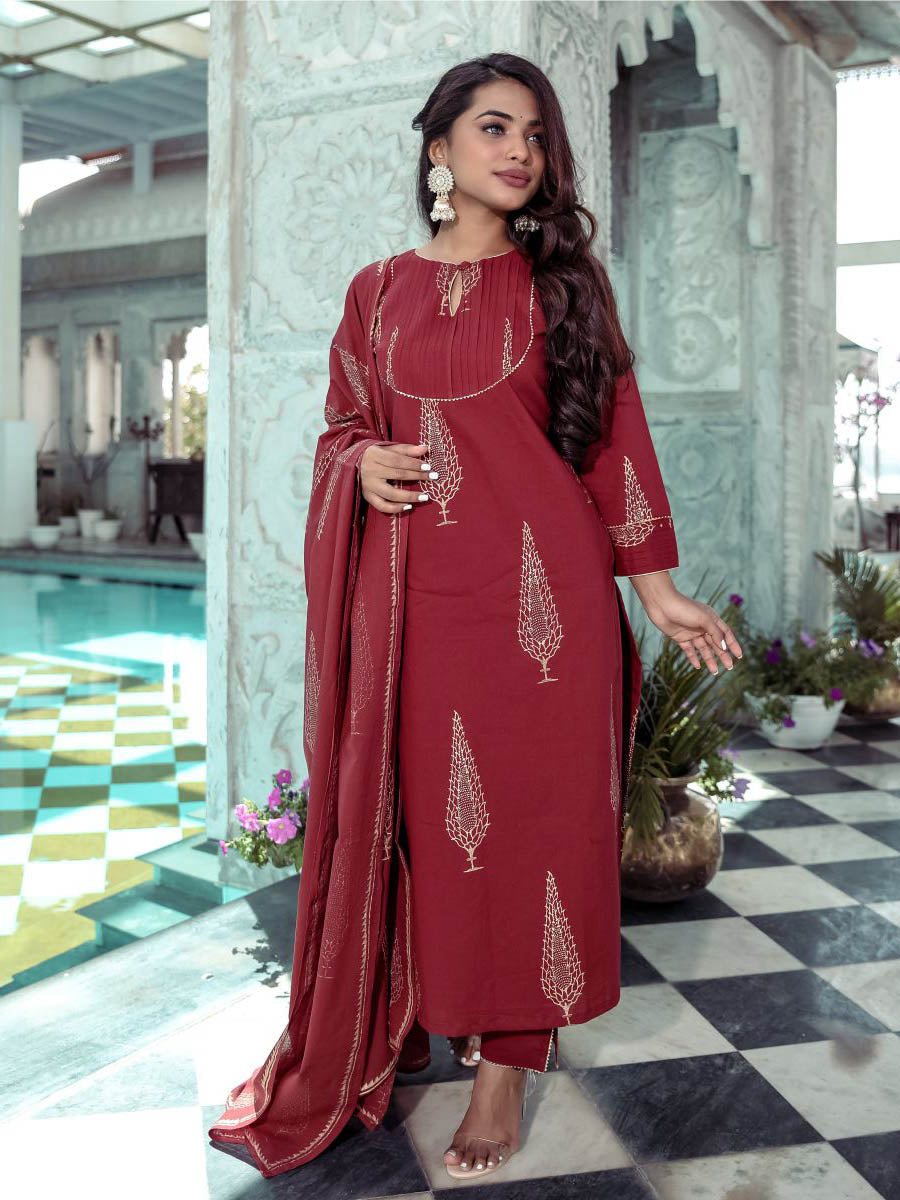 Maroon Printed Kurta Sets