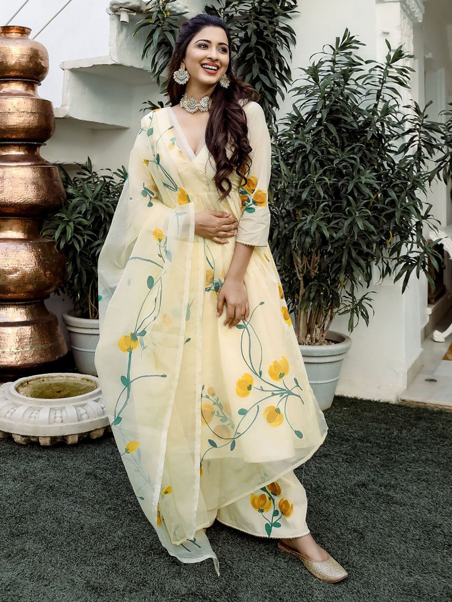 Yellow Handbrush Anarkali Suit Set