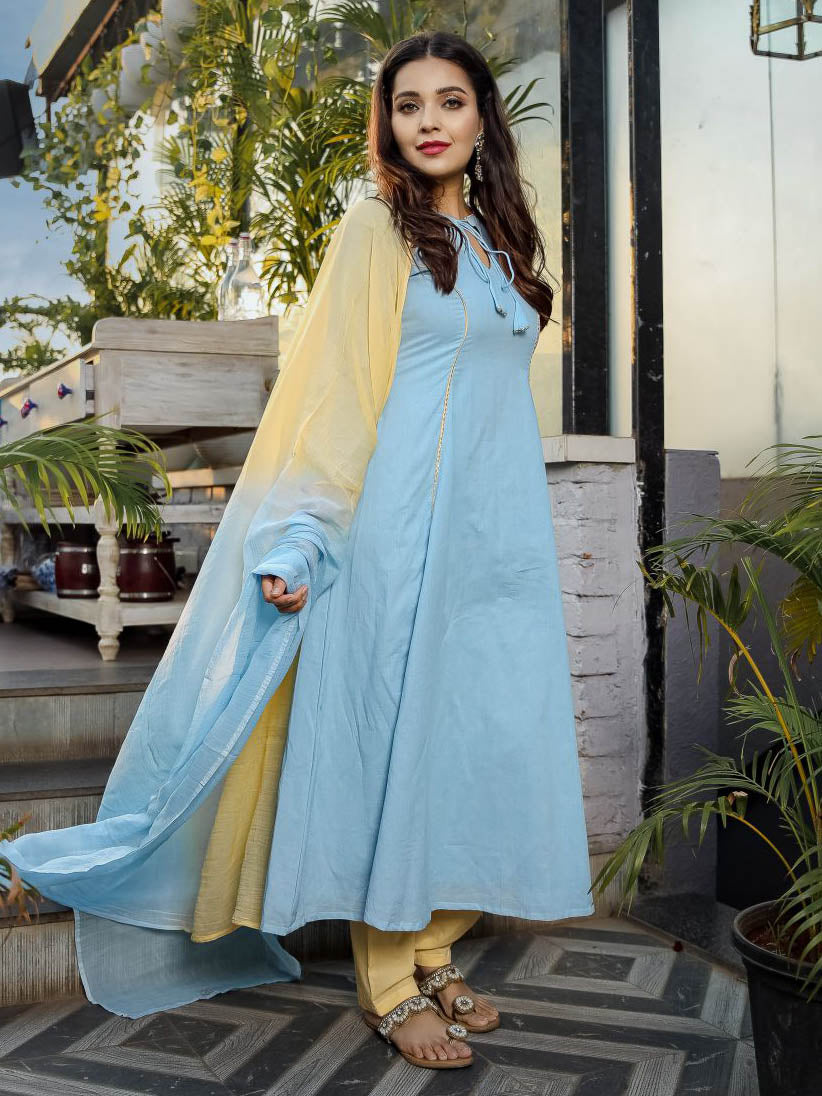 Blue Yellow Anarkali Without  Dupatta
