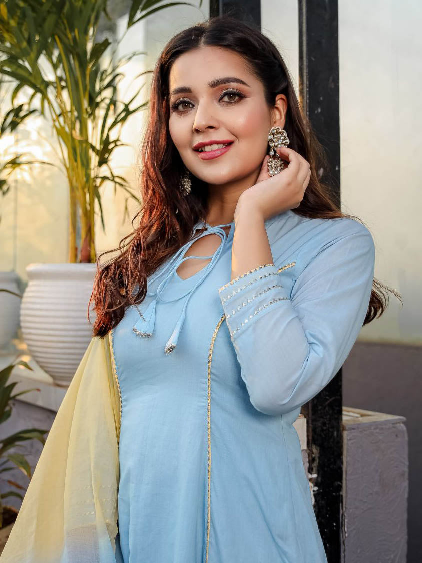 Blue Yellow Anarkali Without  Dupatta