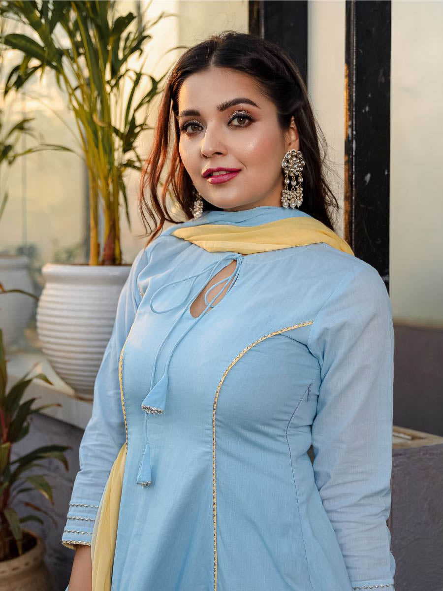 Blue Yellow Anarkali Without  Dupatta