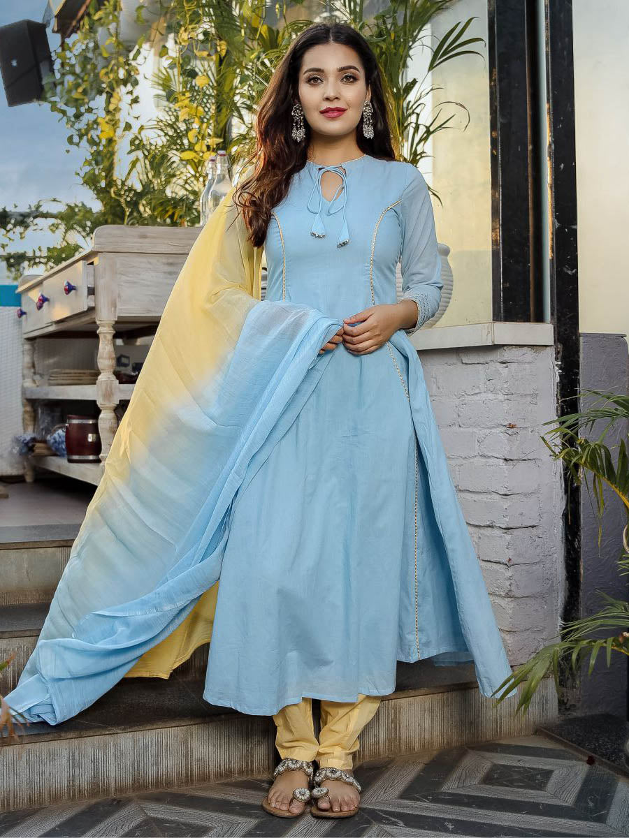 Blue Yellow Anarkali Without  Dupatta